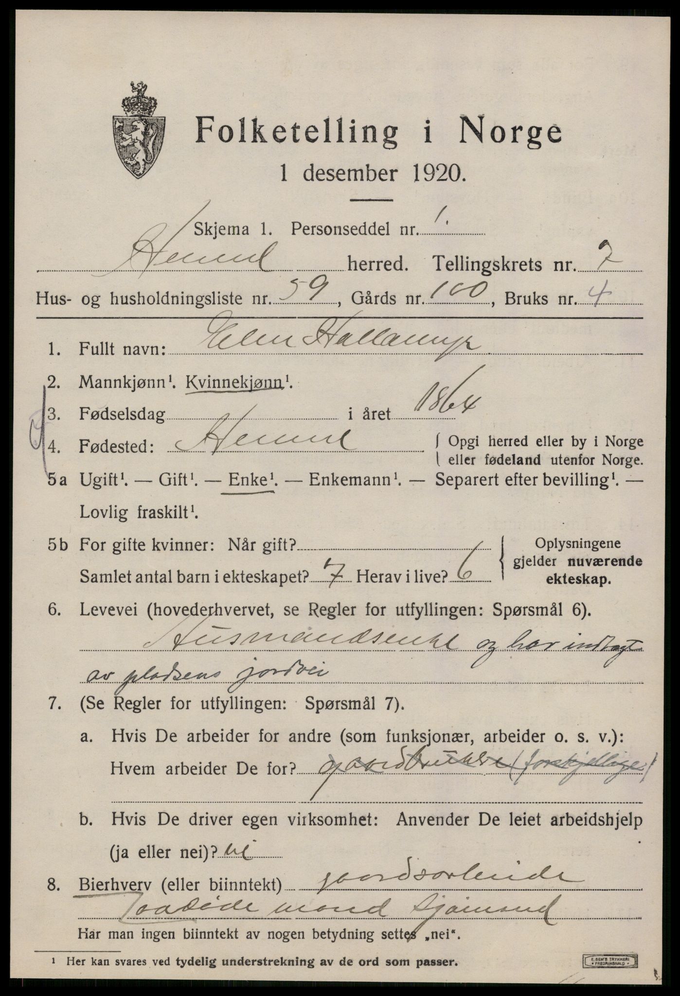 SAT, 1920 census for Hemne, 1920, p. 4670