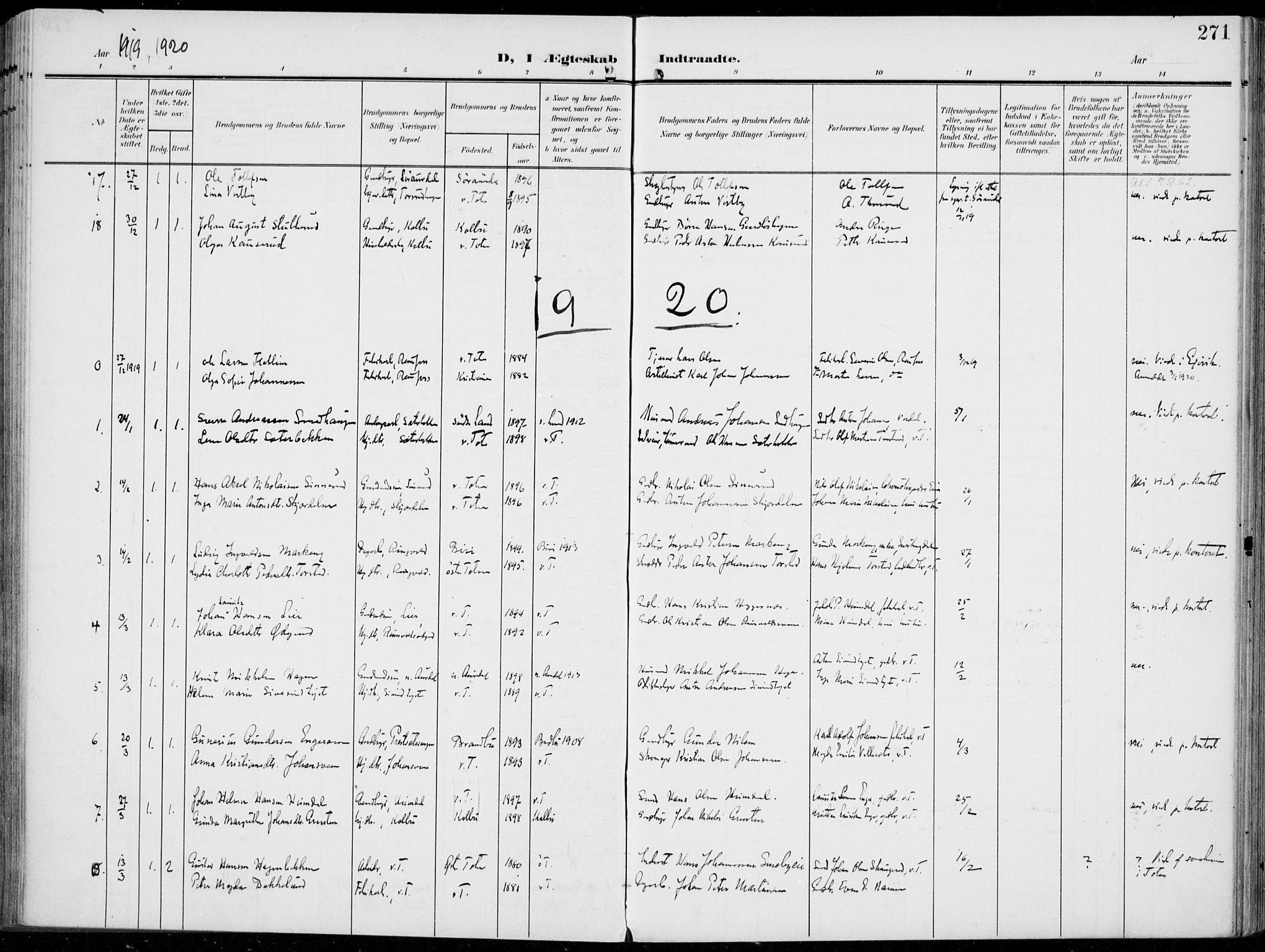 Vestre Toten prestekontor, AV/SAH-PREST-108/H/Ha/Haa/L0014: Parish register (official) no. 14, 1907-1920, p. 271