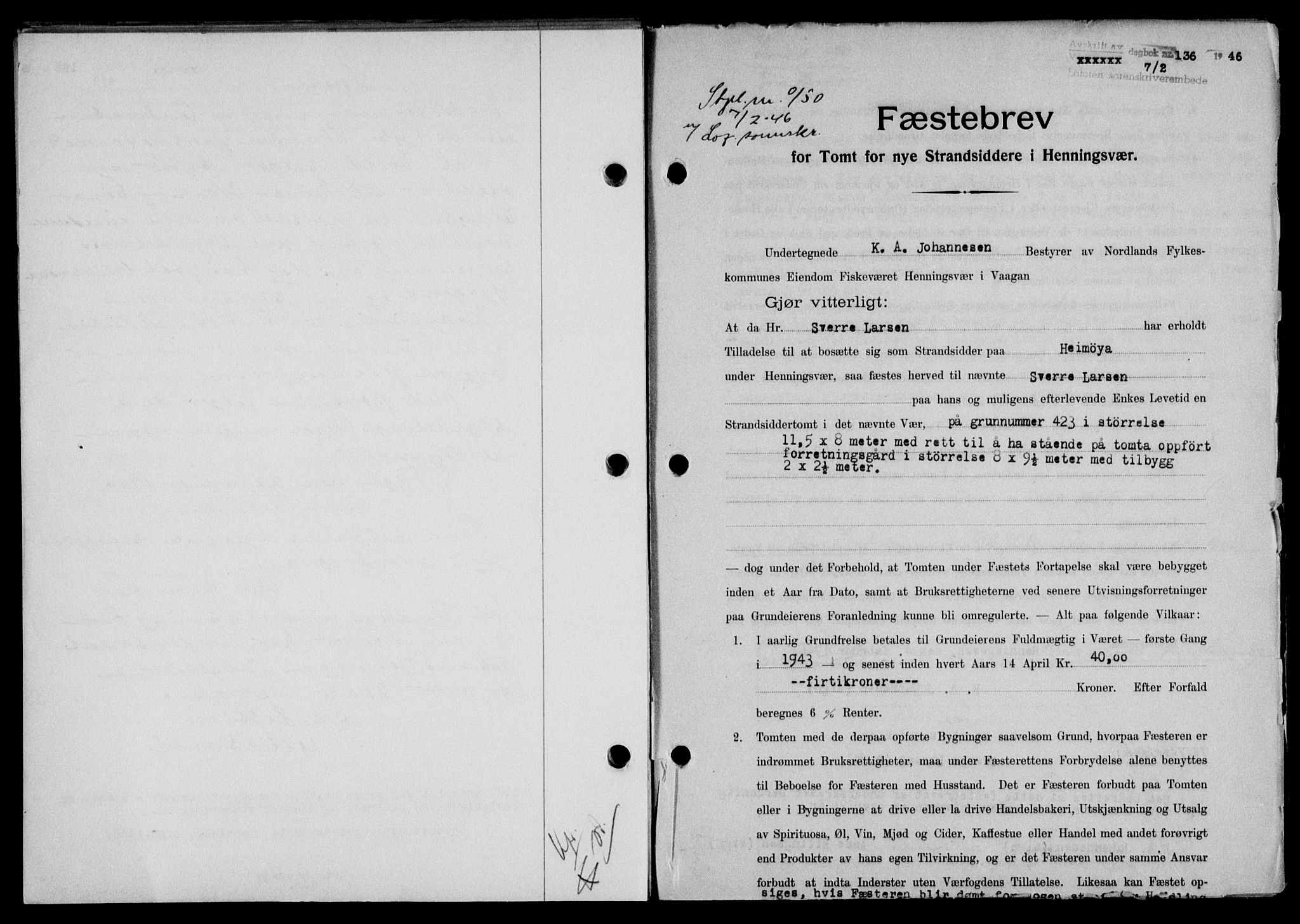 Lofoten sorenskriveri, SAT/A-0017/1/2/2C/L0013a: Mortgage book no. 13a, 1944-1946, Diary no: : 136/1946