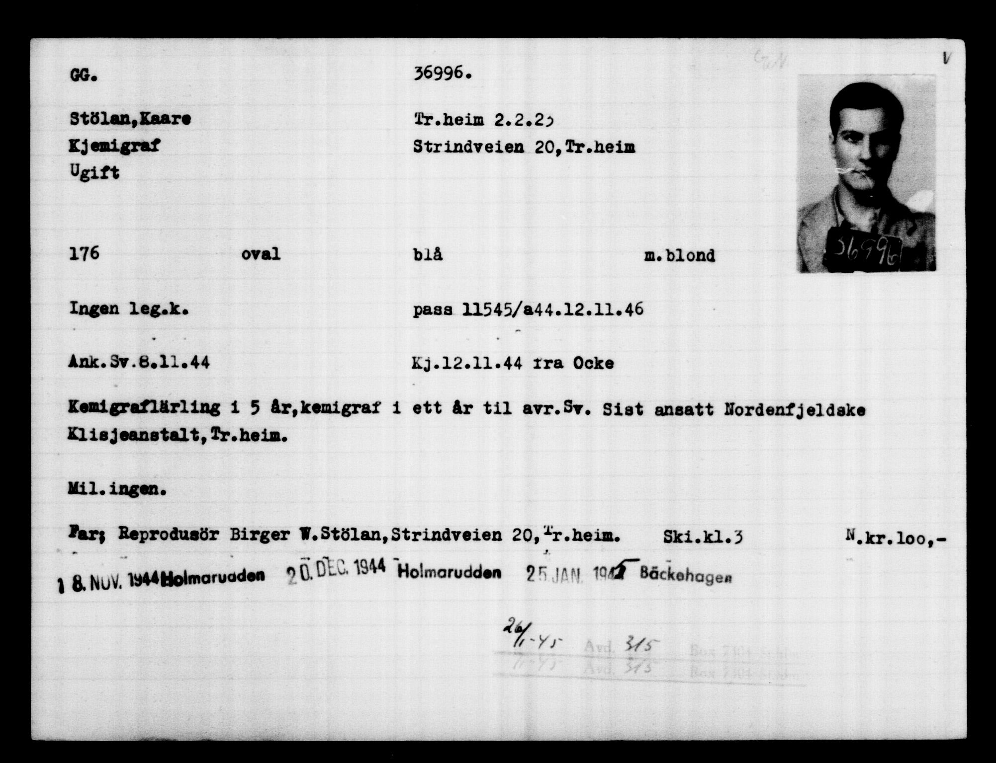 Utenriksstasjonene, Legasjonen i Stockholm, Flyktningkontoret, AV/RA-S-6753/V/Va/L0014: Kjesäterkartoteket, flyktninger med registreringsnr. 34700-37855, 1940-1945, p. 2416