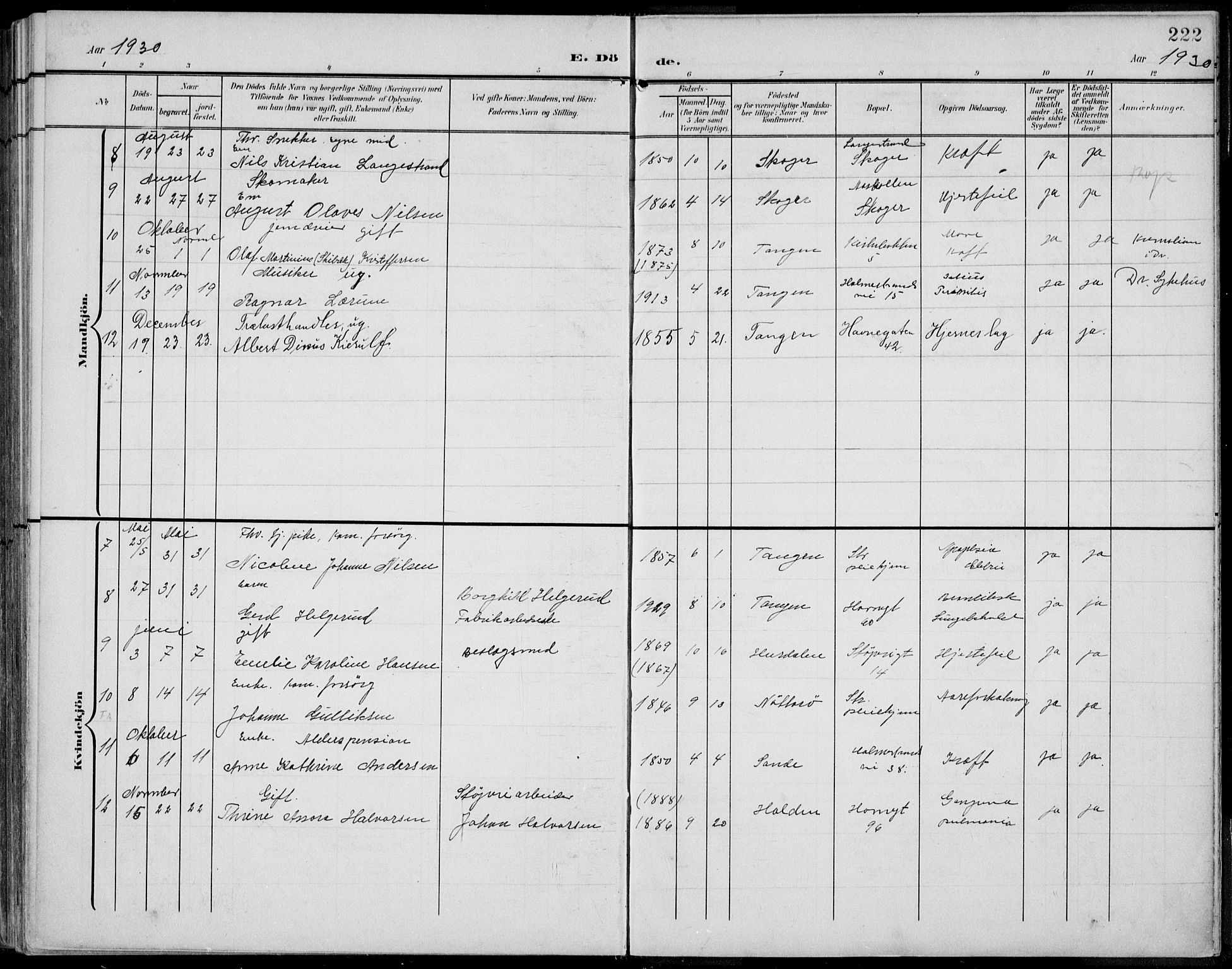 Strømsø kirkebøker, AV/SAKO-A-246/F/Fb/L0008: Parish register (official) no. II 8, 1902-1933, p. 222