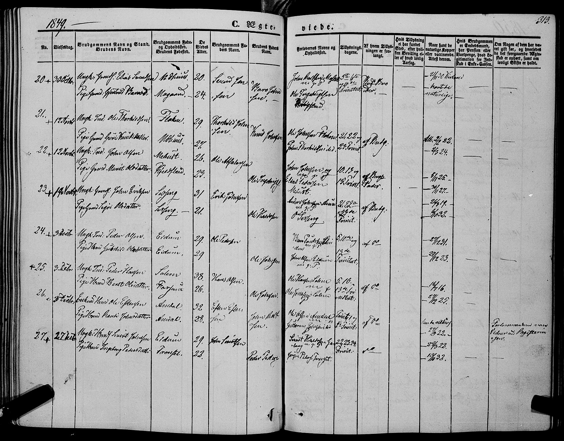 Ministerialprotokoller, klokkerbøker og fødselsregistre - Sør-Trøndelag, SAT/A-1456/695/L1145: Parish register (official) no. 695A06 /1, 1843-1859, p. 313