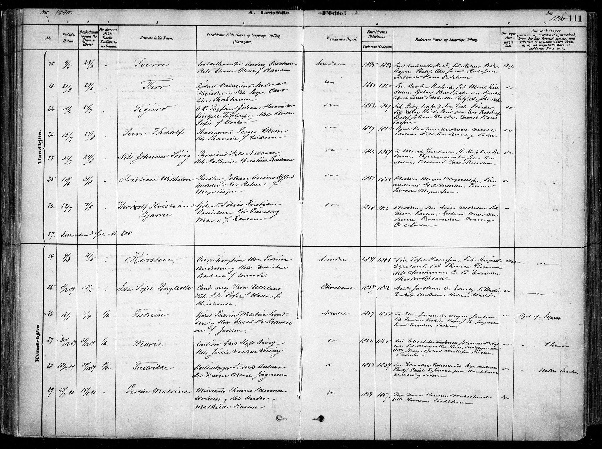 Arendal sokneprestkontor, Trefoldighet, AV/SAK-1111-0040/F/Fa/L0008: Parish register (official) no. A 8, 1878-1899, p. 111