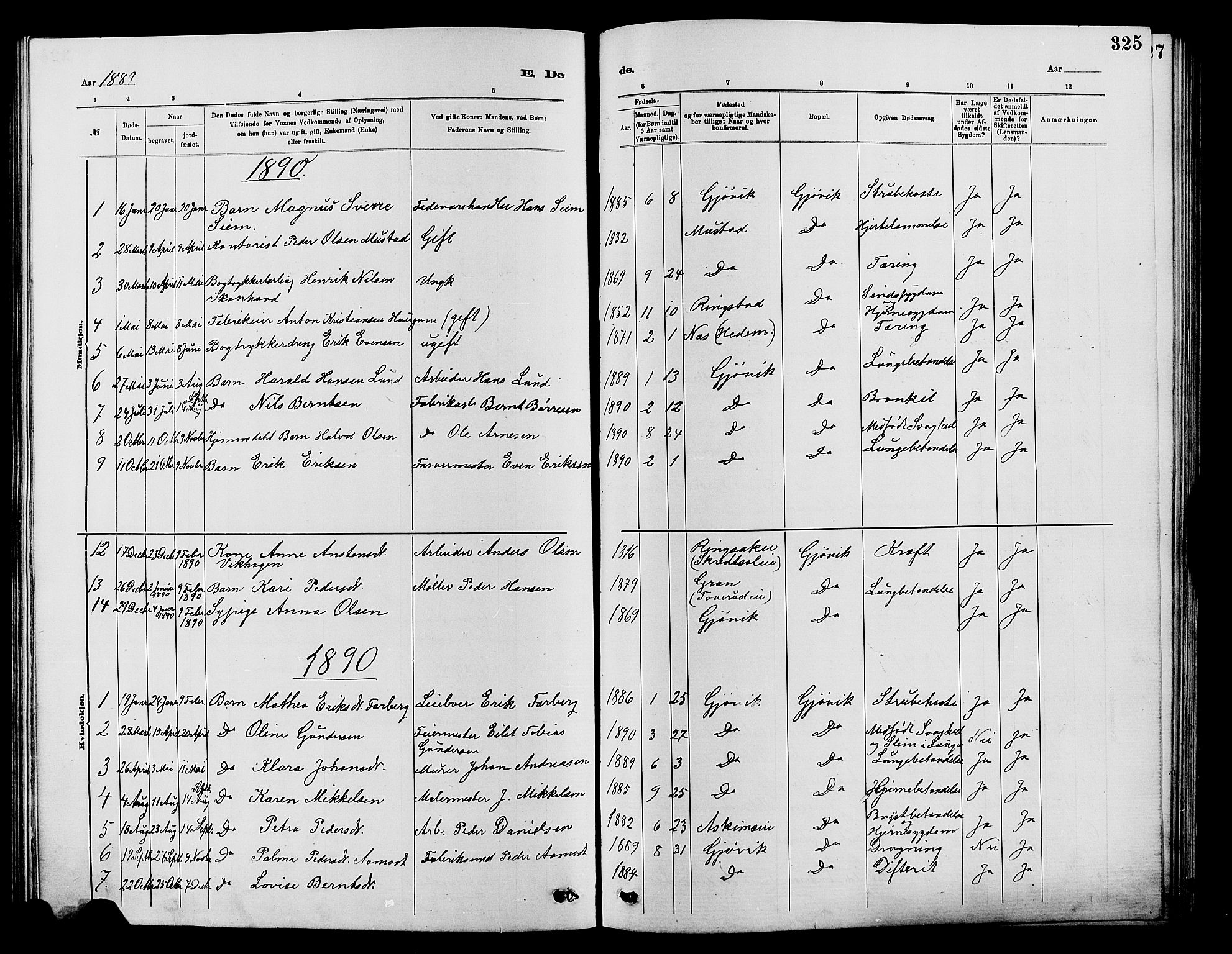 Vardal prestekontor, SAH/PREST-100/H/Ha/Hab/L0007: Parish register (copy) no. 7 /2, 1881-1895, p. 325