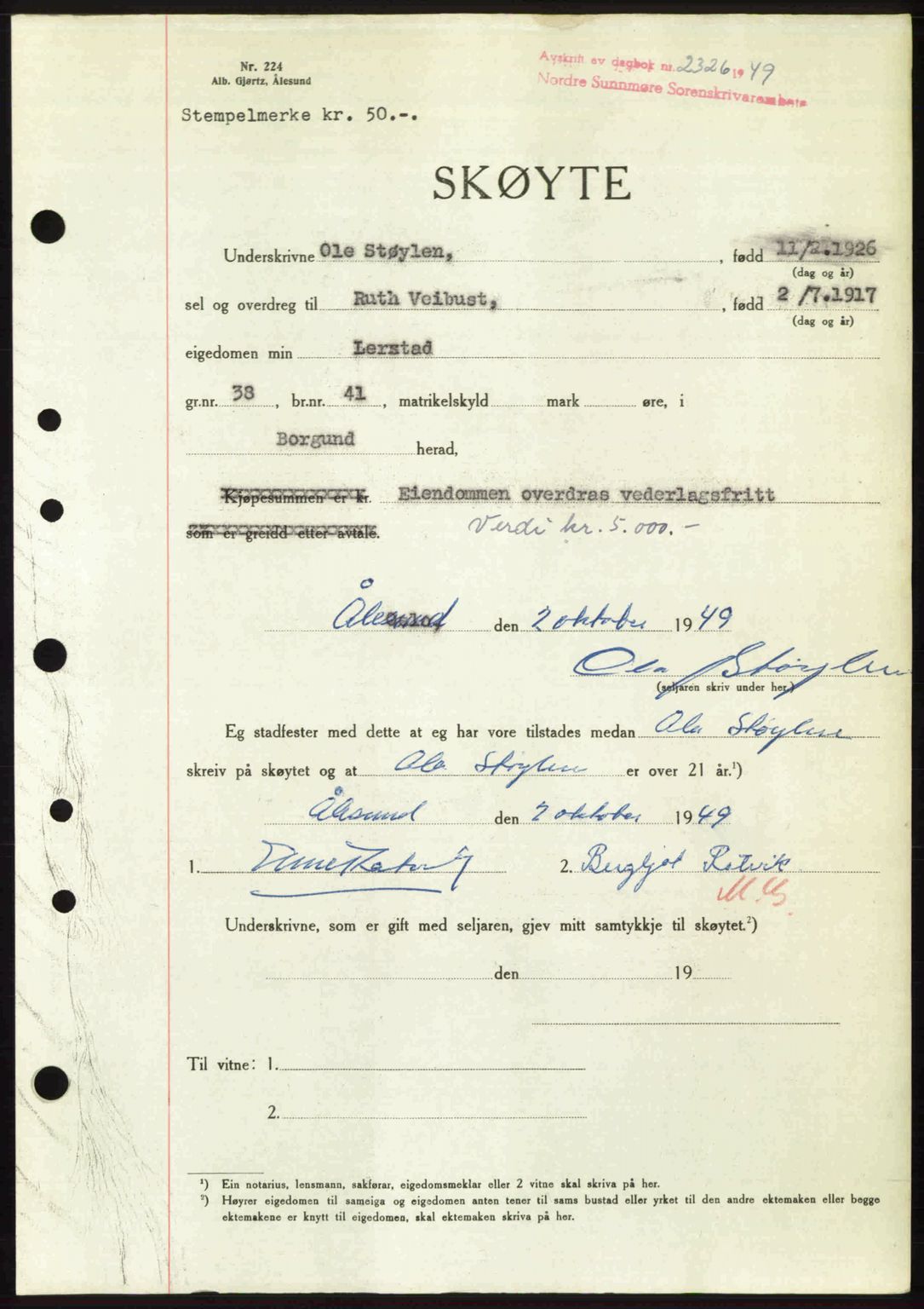 Nordre Sunnmøre sorenskriveri, AV/SAT-A-0006/1/2/2C/2Ca: Mortgage book no. A32, 1949-1949, Diary no: : 2326/1949