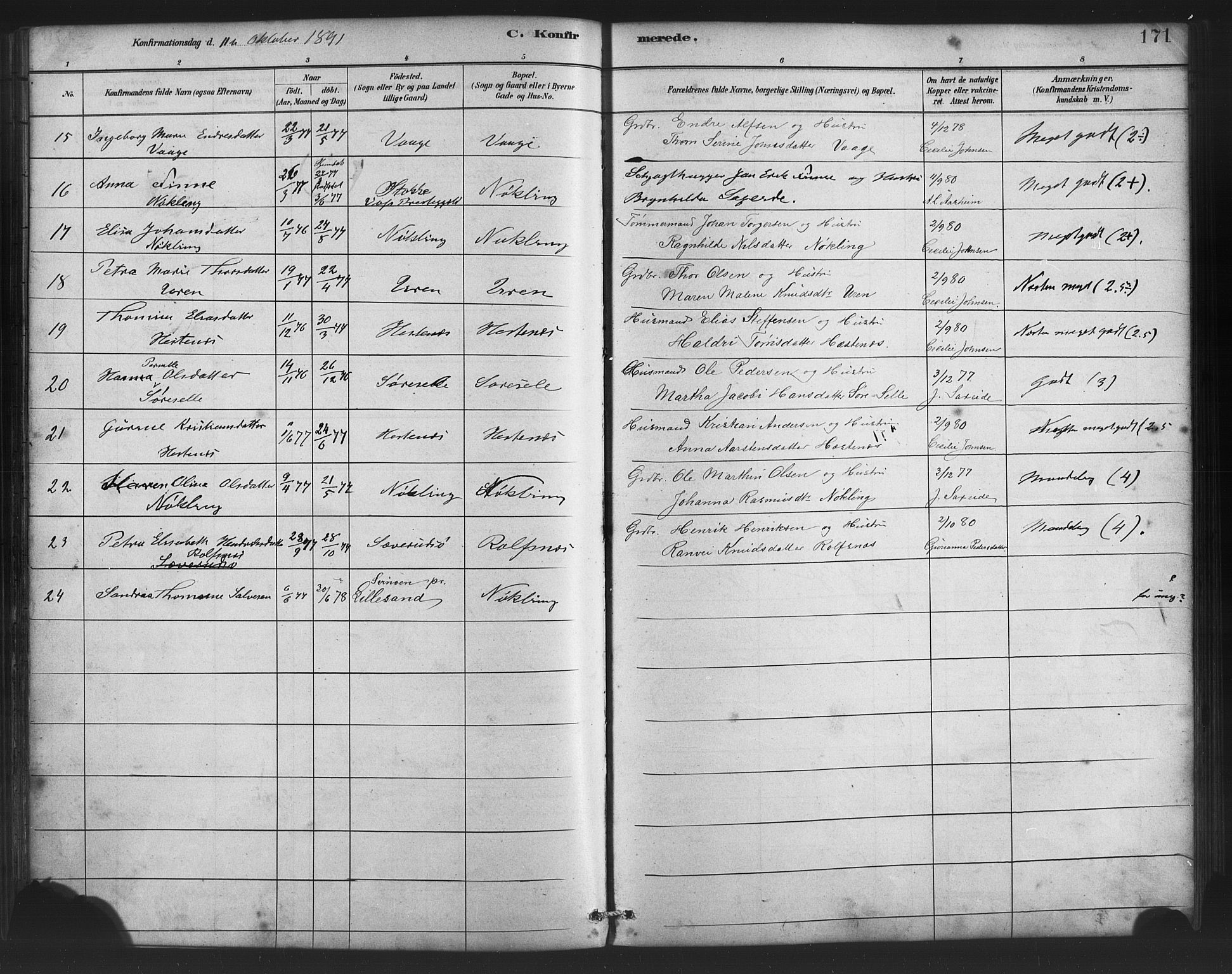 Finnås sokneprestembete, SAB/A-99925/H/Ha/Haa/Haac/L0001: Parish register (official) no. C 1, 1881-1894, p. 171