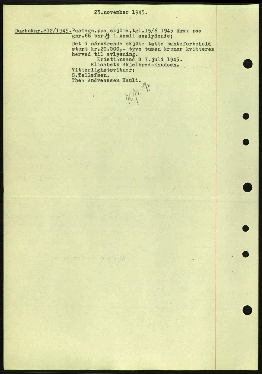 Nedenes sorenskriveri, SAK/1221-0006/G/Gb/Gba/L0053: Mortgage book no. A6b, 1945-1945, Diary no: : 812/1945