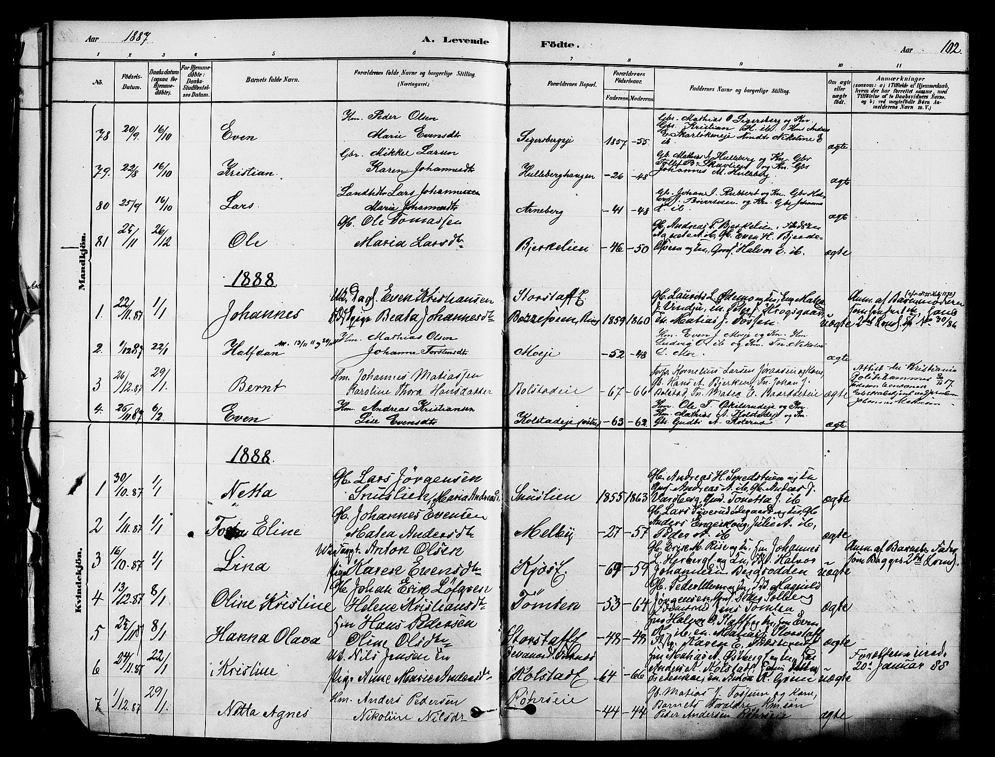 Ringsaker prestekontor, SAH/PREST-014/K/Ka/L0012: Parish register (official) no. 12, 1879-1890, p. 102