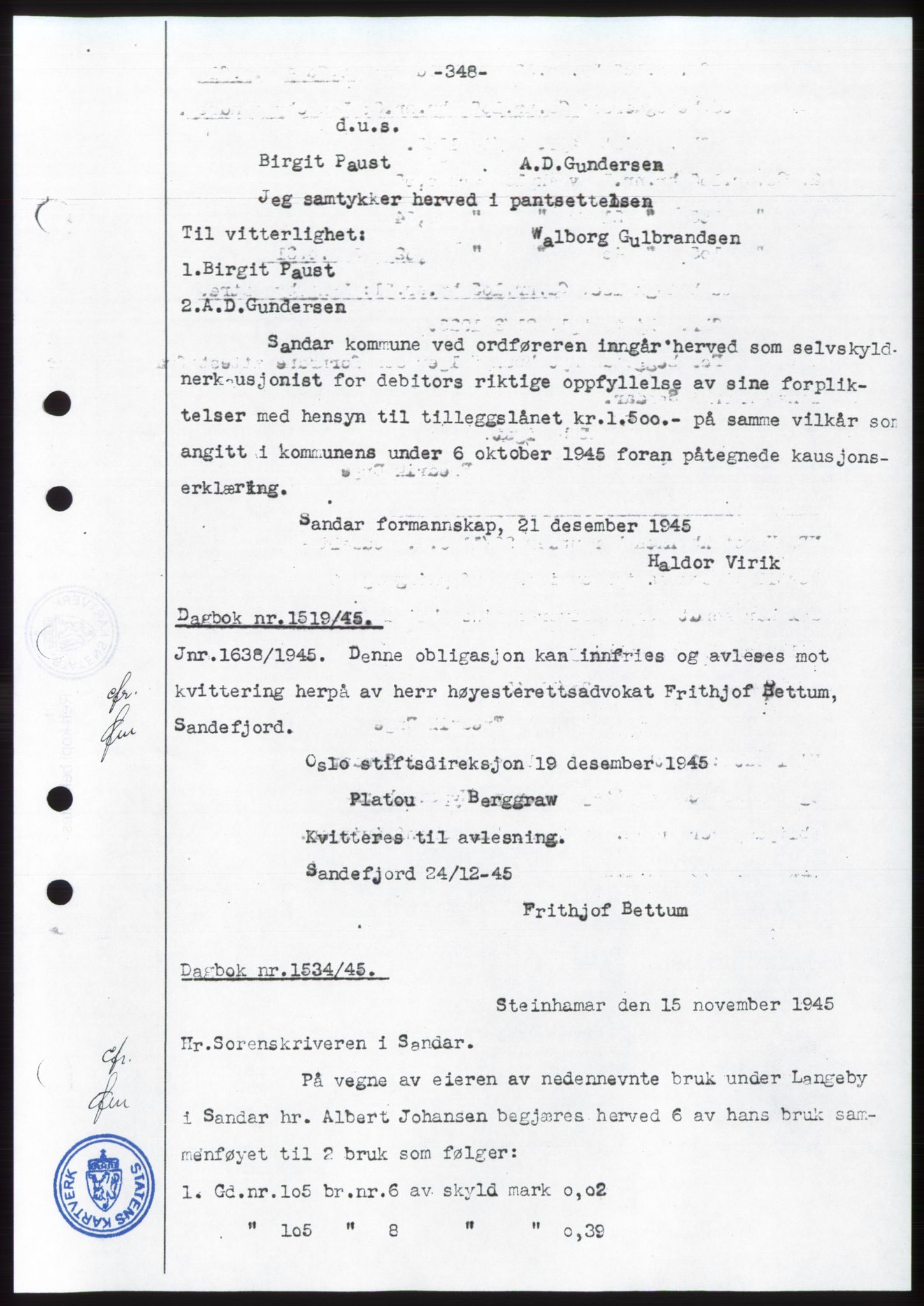Sandar sorenskriveri, SAKO/A-86/G/Ga/Gab/L0004: Mortgage book no. B-10b, 1946-1947, Diary no: : 1519/1945