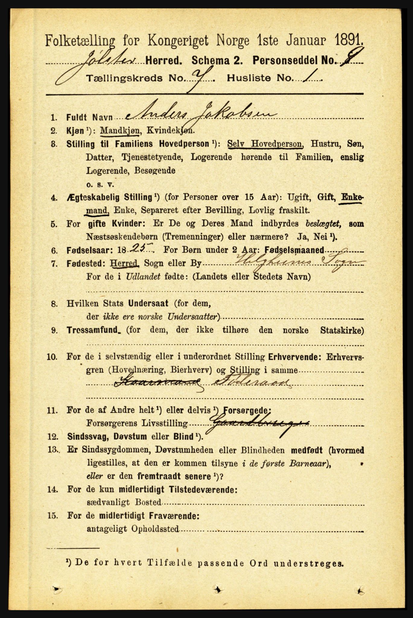 RA, 1891 census for 1431 Jølster, 1891, p. 2463