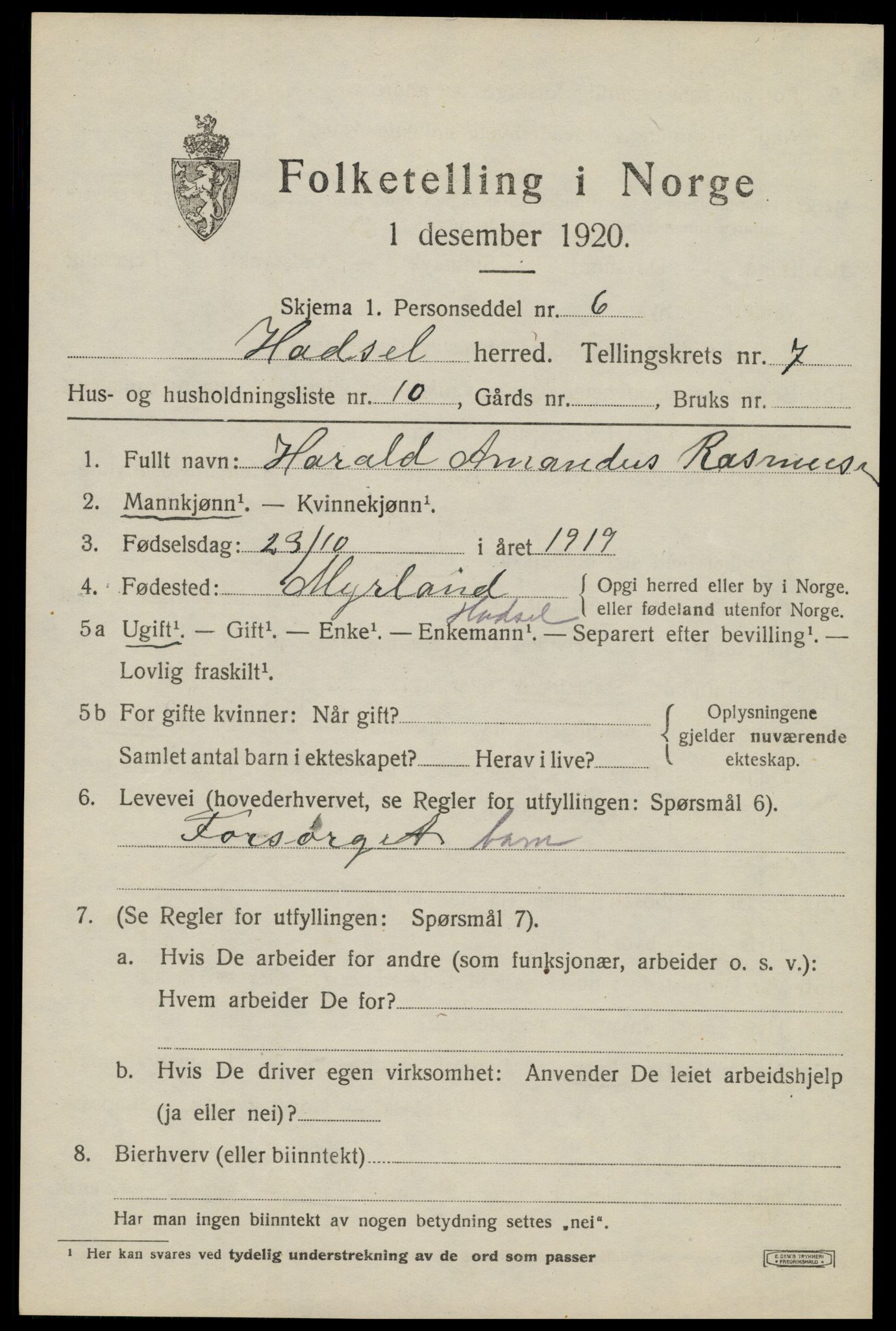 SAT, 1920 census for Hadsel, 1920, p. 7002