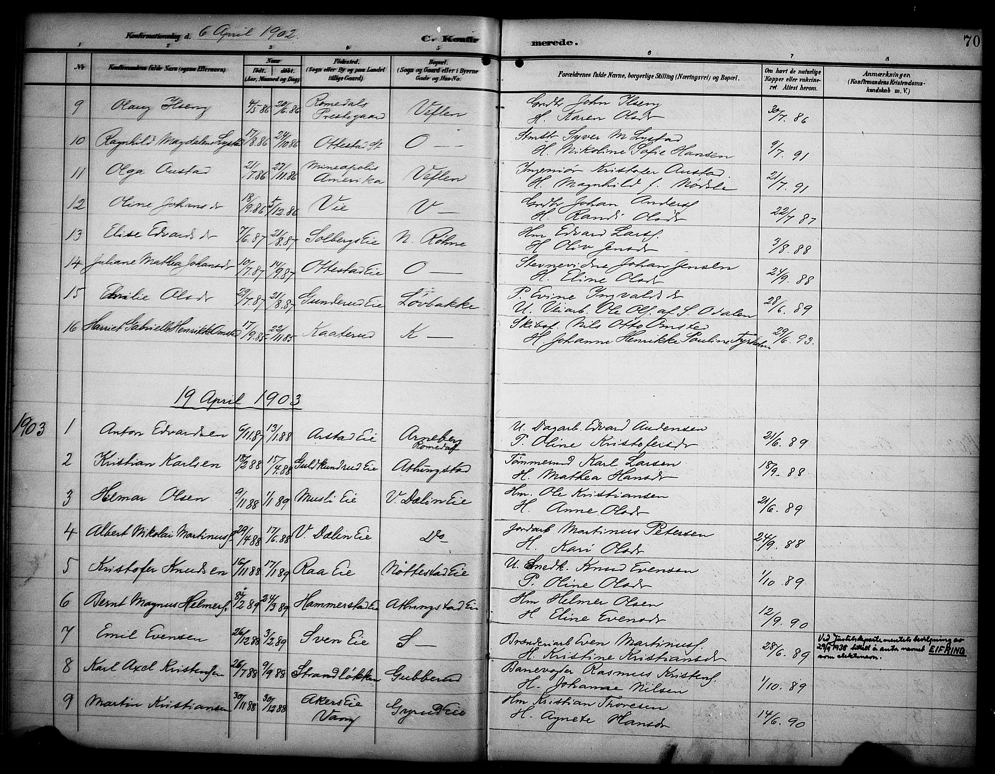 Stange prestekontor, SAH/PREST-002/K/L0022: Parish register (official) no. 22, 1903-1914, p. 70