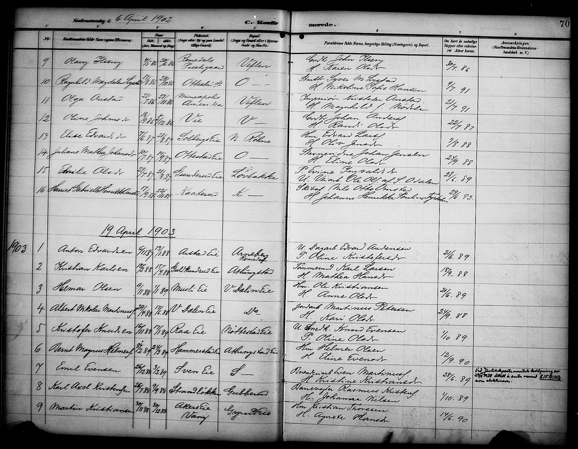 Stange prestekontor, AV/SAH-PREST-002/K/L0022: Parish register (official) no. 22, 1903-1914, p. 70