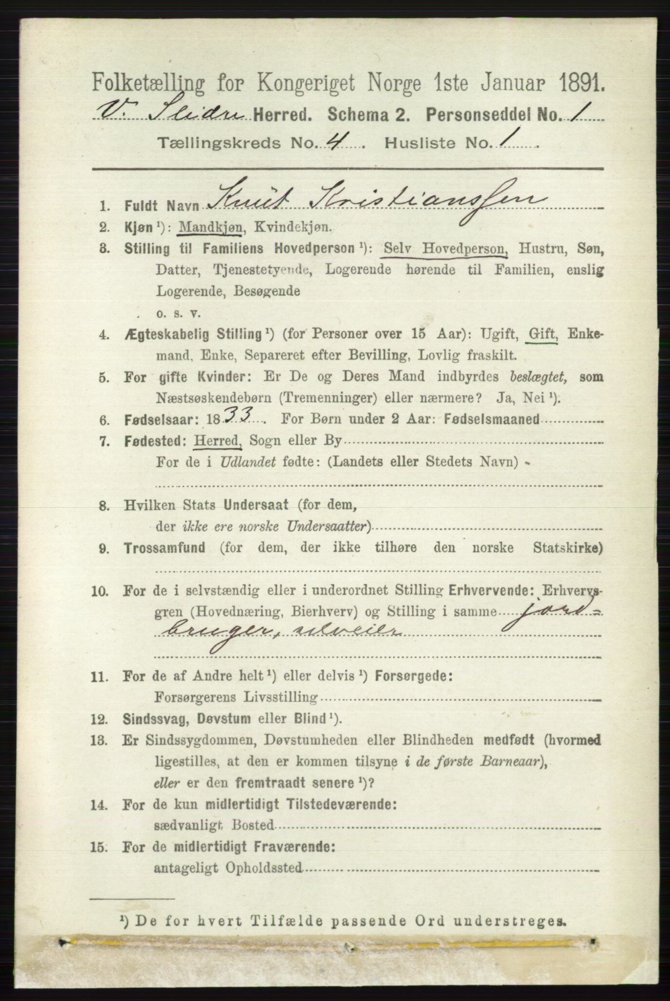 RA, 1891 census for 0543 Vestre Slidre, 1891, p. 1257