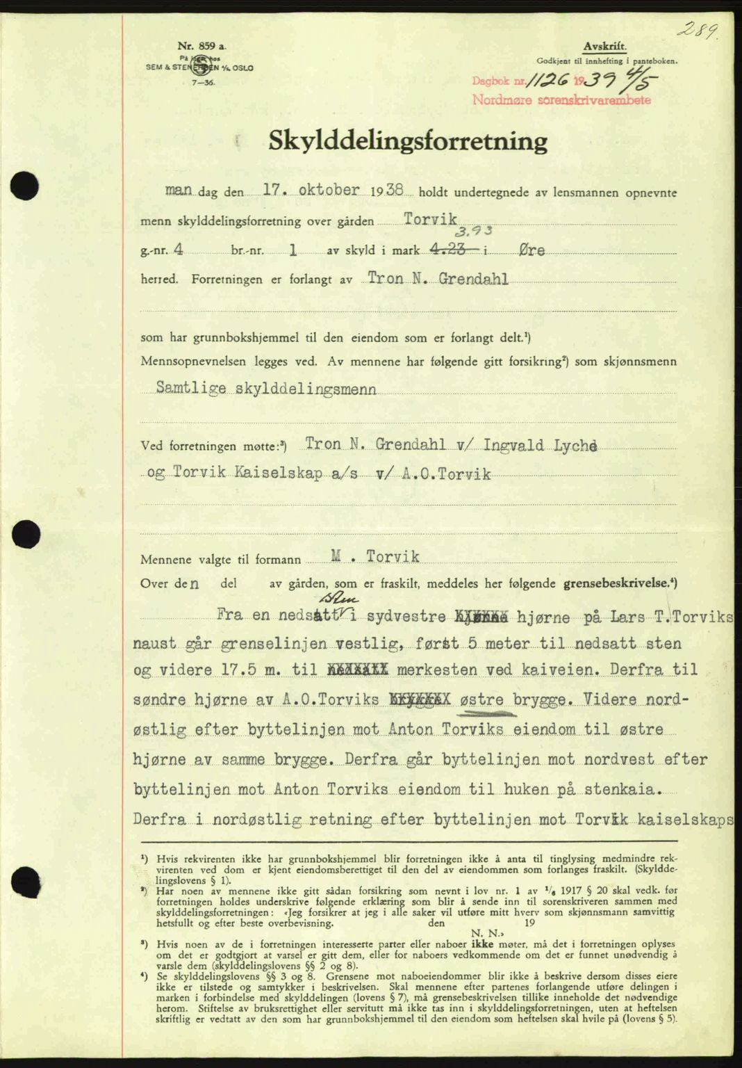 Nordmøre sorenskriveri, AV/SAT-A-4132/1/2/2Ca: Mortgage book no. A86, 1939-1939, Diary no: : 1126/1939