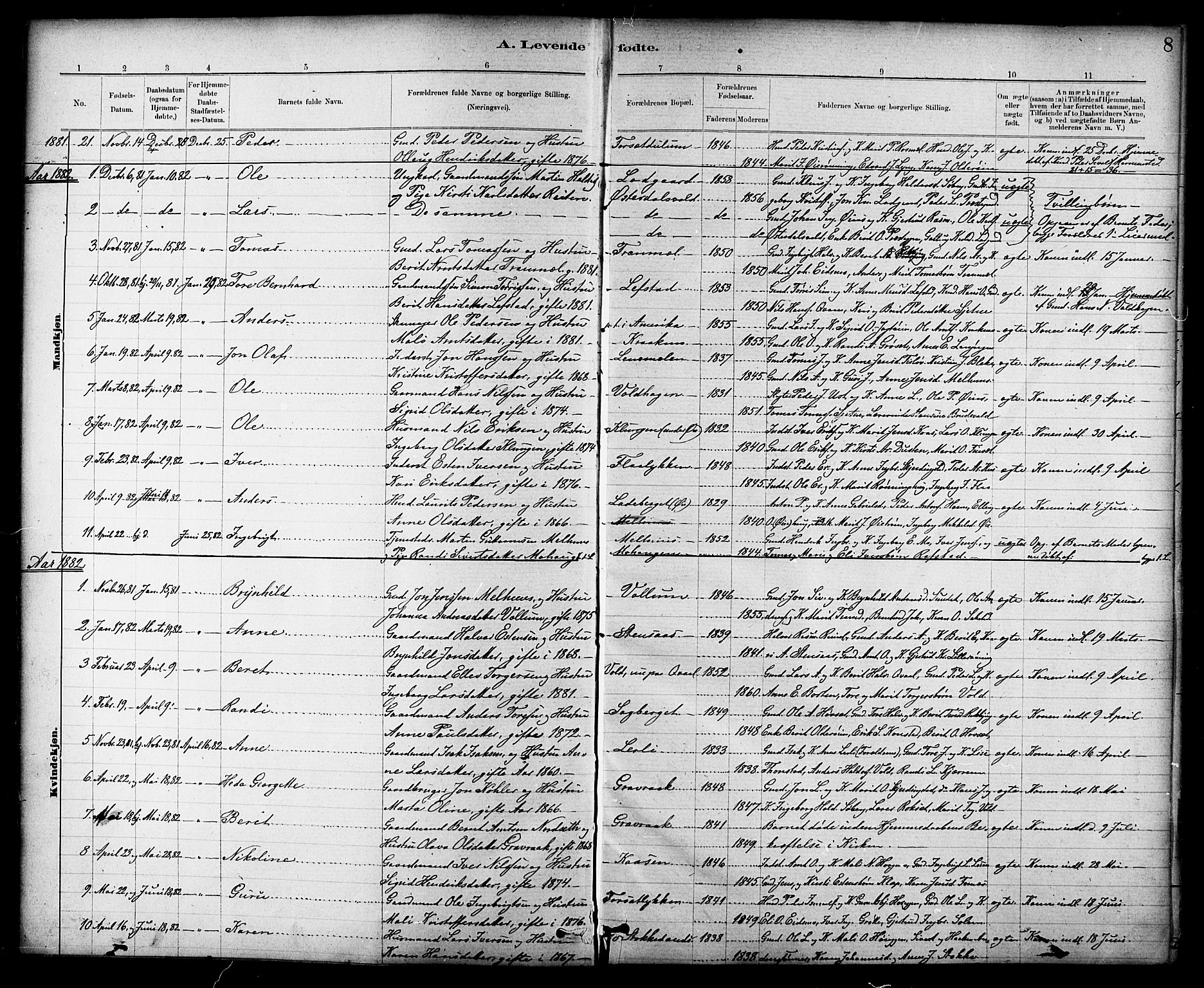 Ministerialprotokoller, klokkerbøker og fødselsregistre - Sør-Trøndelag, AV/SAT-A-1456/691/L1094: Parish register (copy) no. 691C05, 1879-1911, p. 8