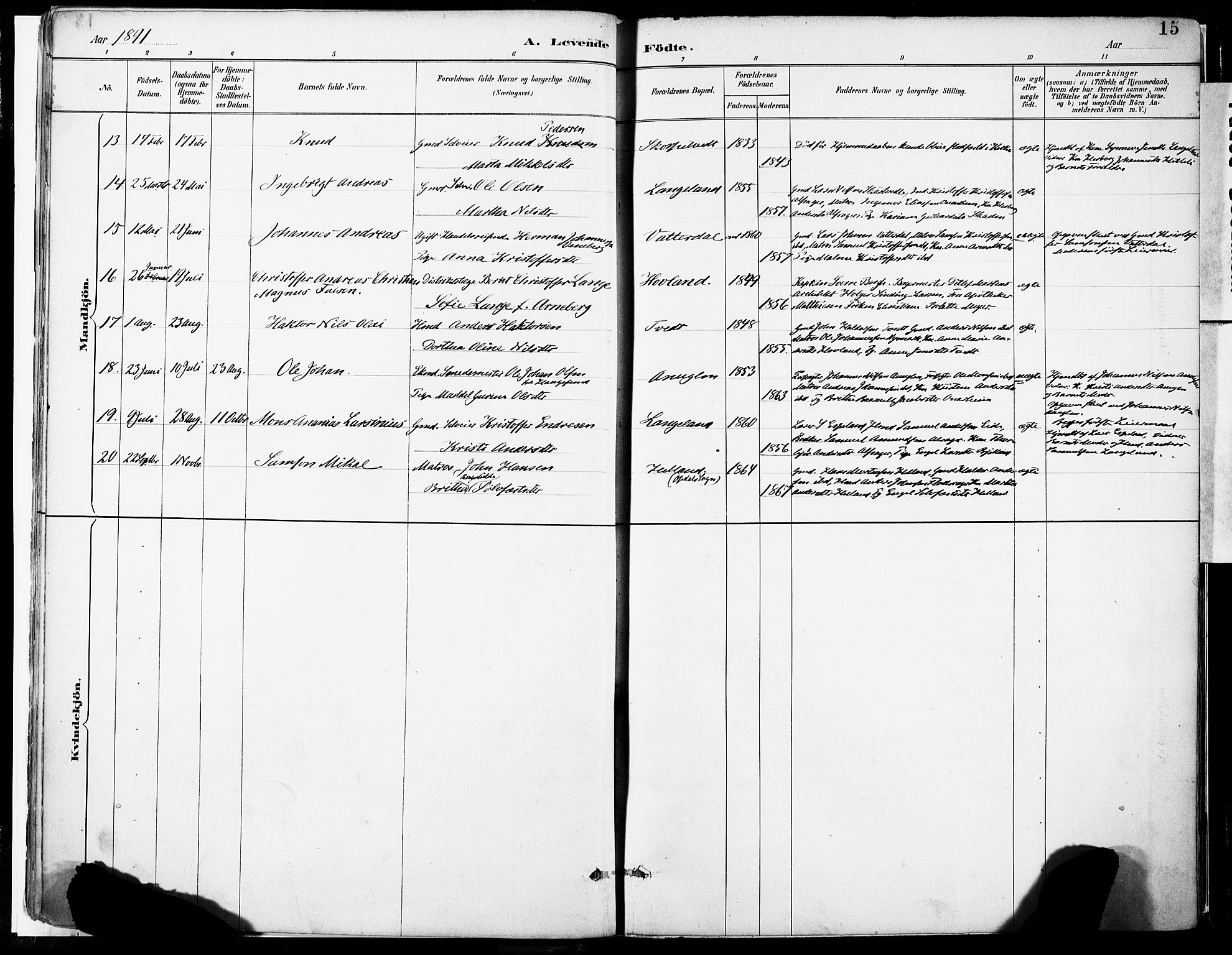 Tysnes sokneprestembete, SAB/A-78601/H/Haa: Parish register (official) no. C 1, 1887-1912, p. 15