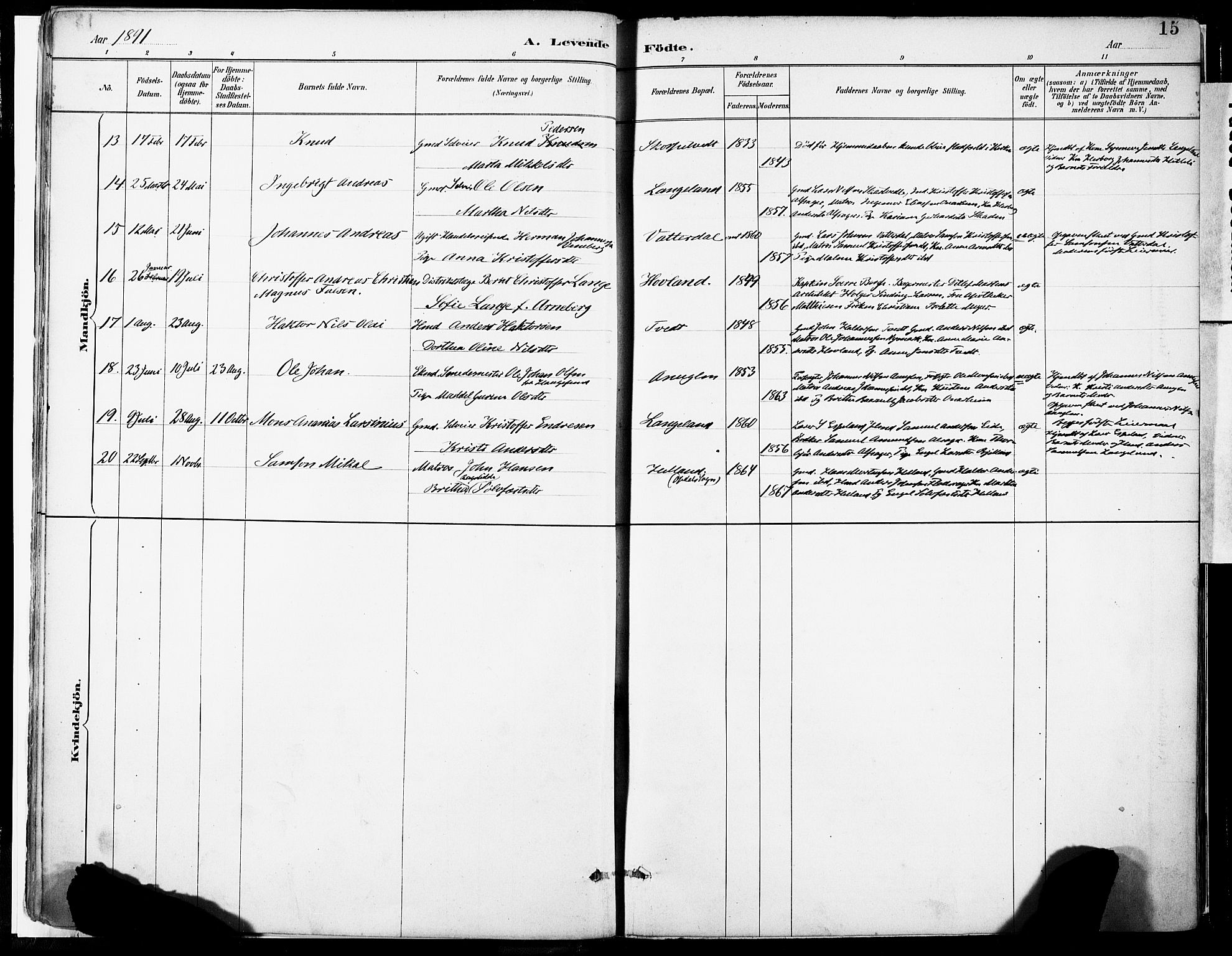 Tysnes sokneprestembete, AV/SAB-A-78601/H/Haa: Parish register (official) no. C 1, 1887-1912, p. 15