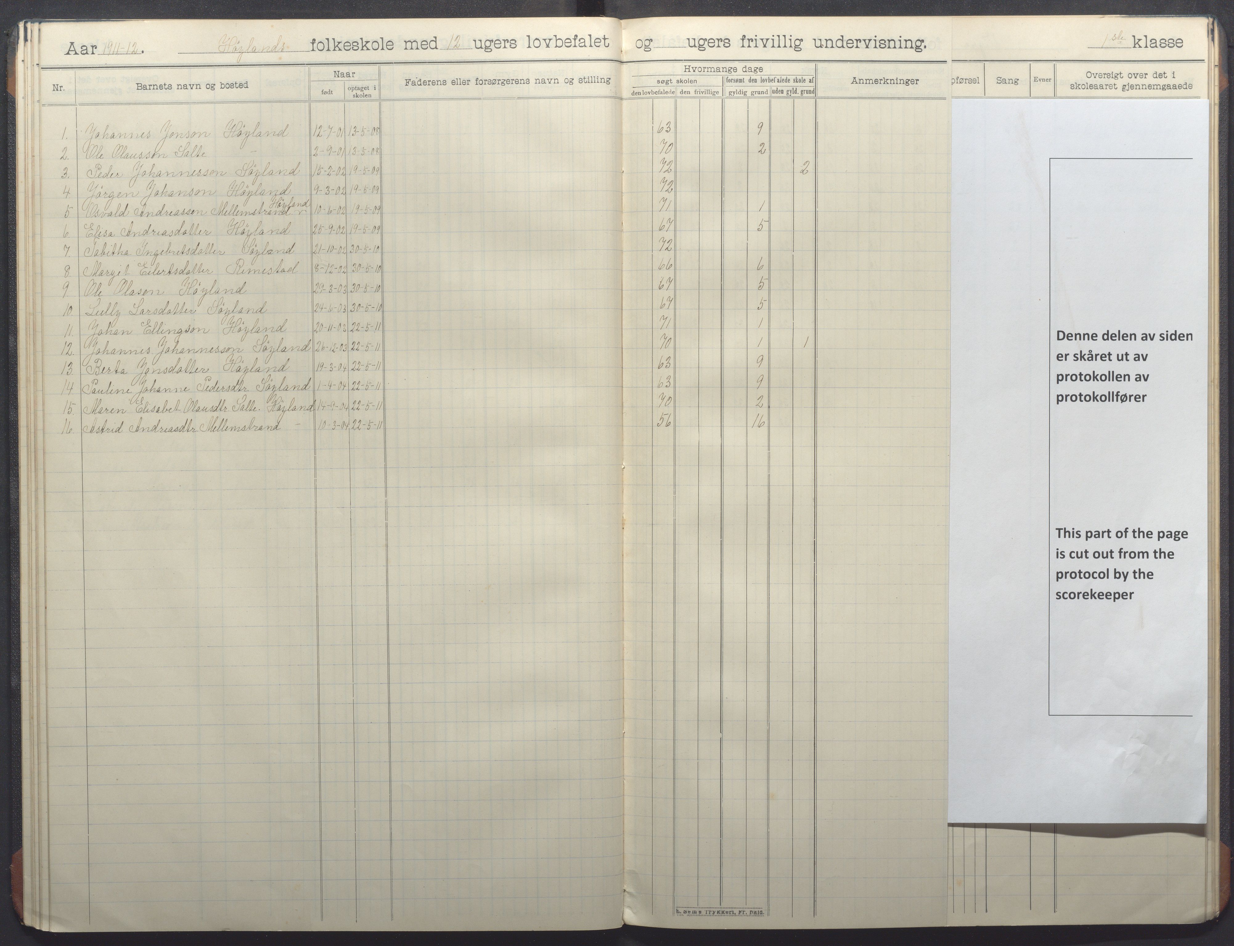 Nærbø kommune - Høyland skole, IKAR/-, 1906-1915, p. 33