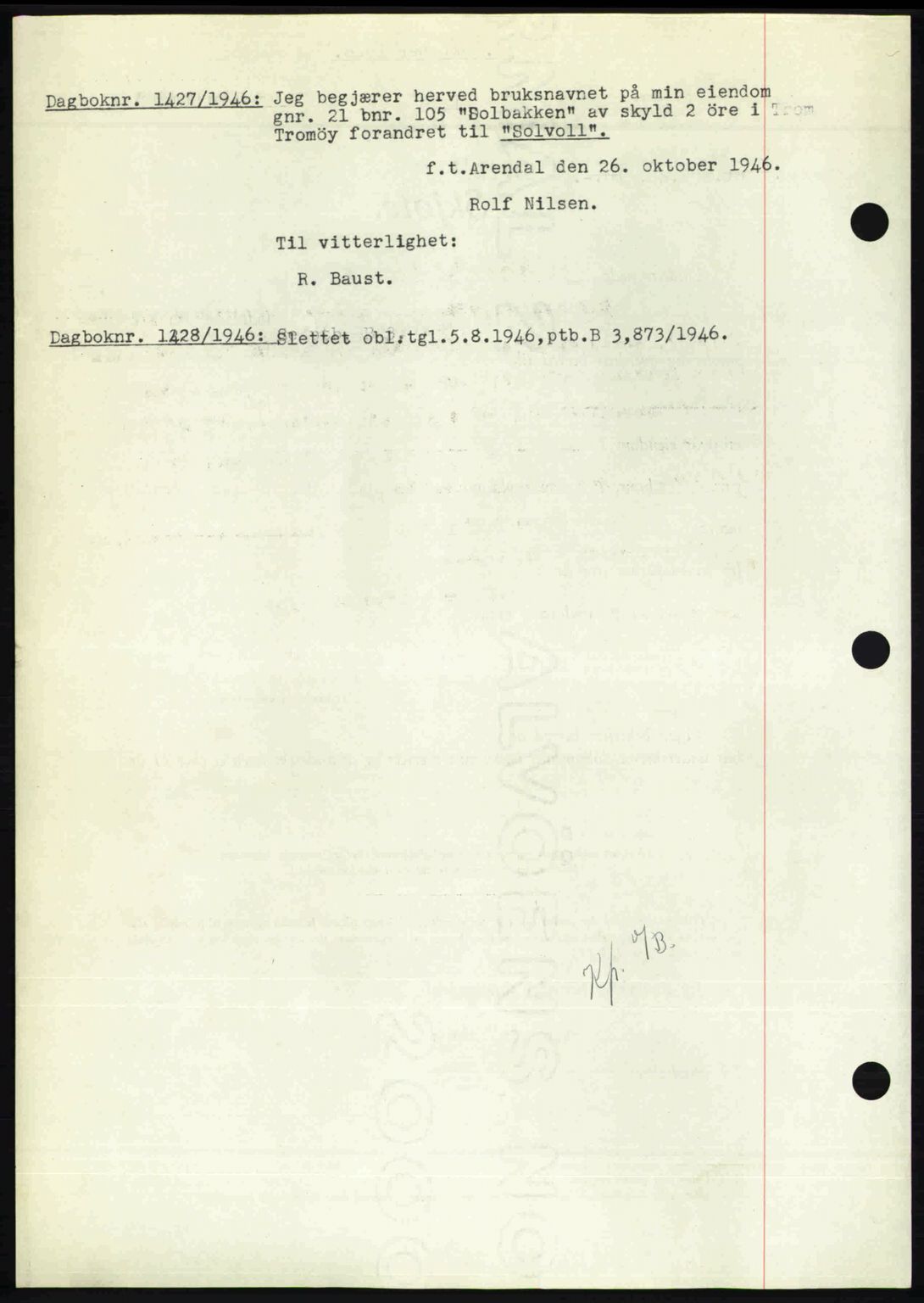 Nedenes sorenskriveri, AV/SAK-1221-0006/G/Gb/Gba/L0056: Mortgage book no. A8, 1946-1947, Diary no: : 1427/1946