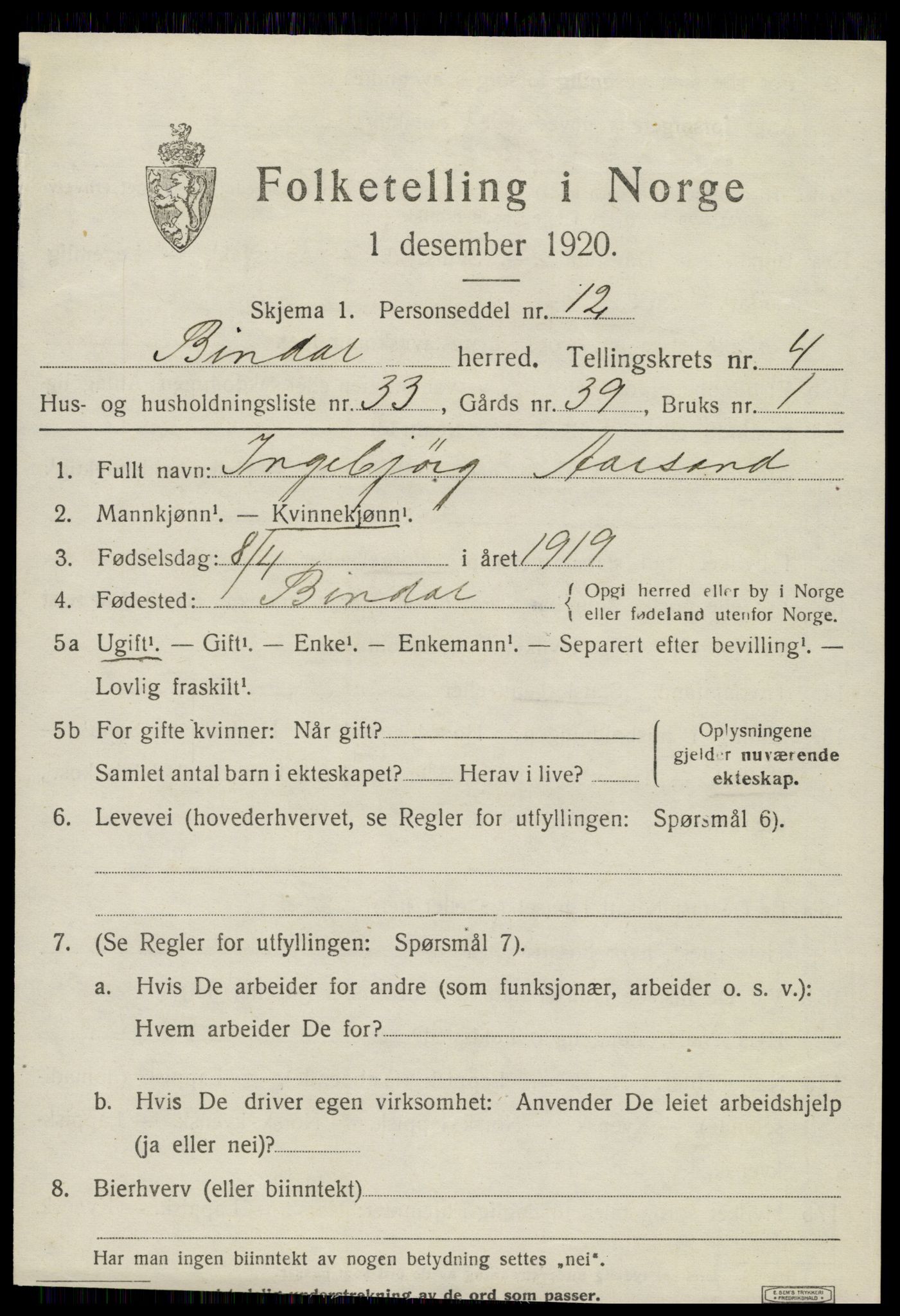 SAT, 1920 census for Bindal, 1920, p. 3821