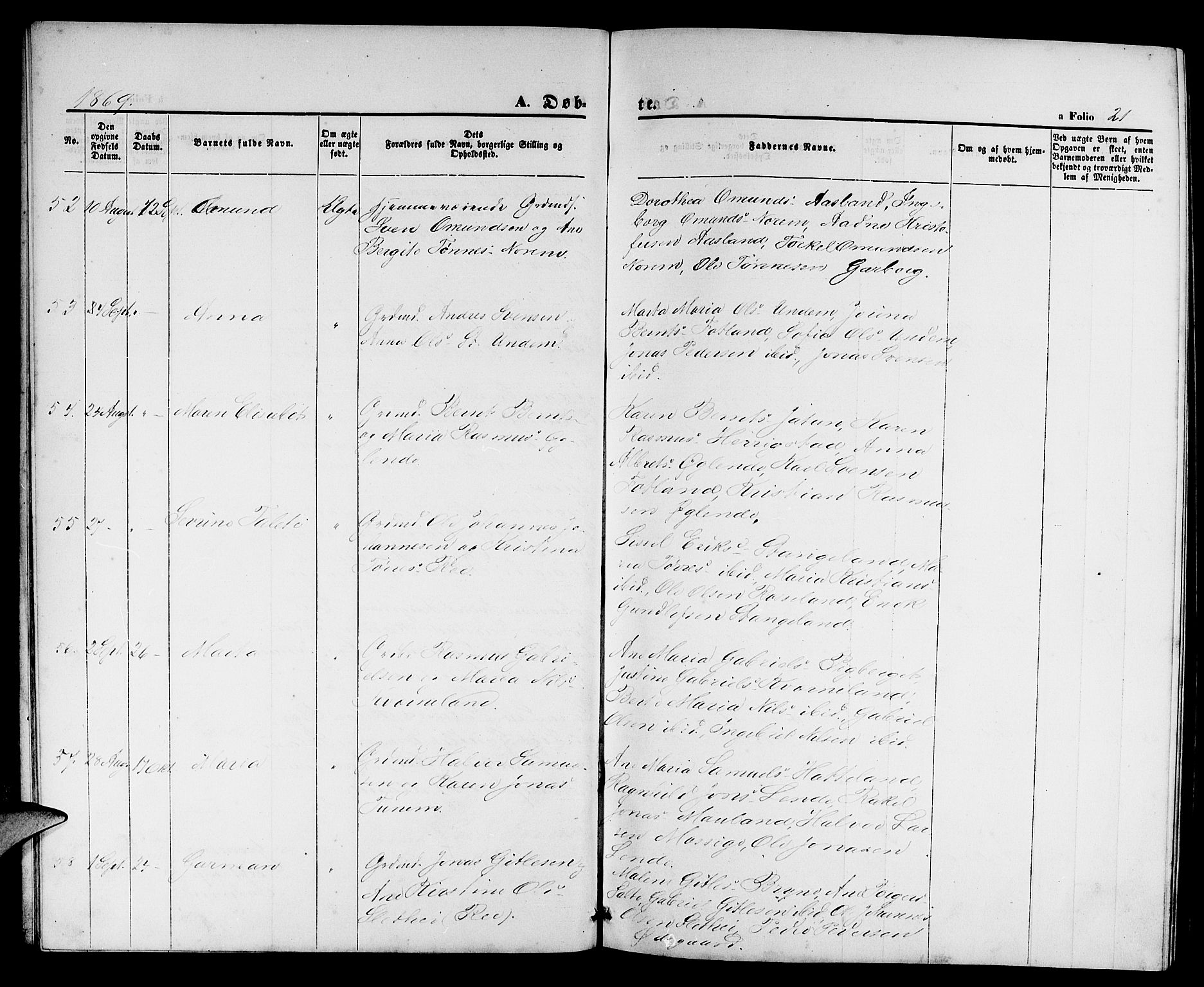 Lye sokneprestkontor, AV/SAST-A-101794/001/30BB/L0004: Parish register (copy) no. B 4, 1868-1878, p. 21