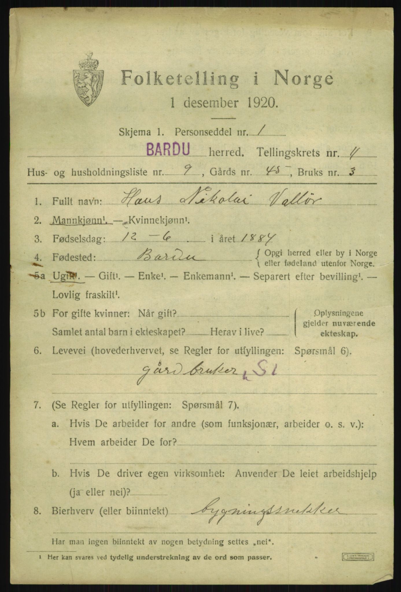 SATØ, 1920 census for Bardu, 1920, p. 3595