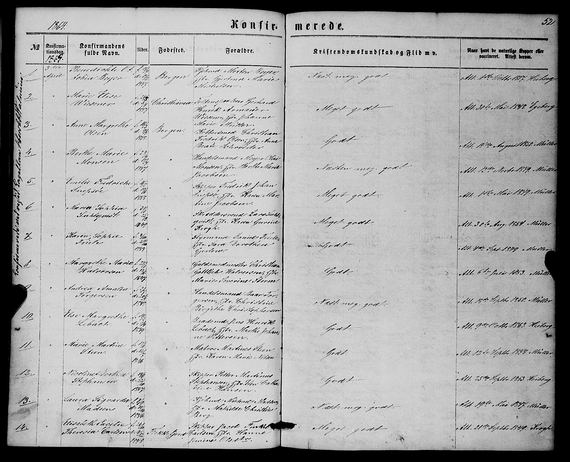 Nykirken Sokneprestembete, SAB/A-77101/H/Haa/L0024: Parish register (official) no. C 3, 1864-1870, p. 52
