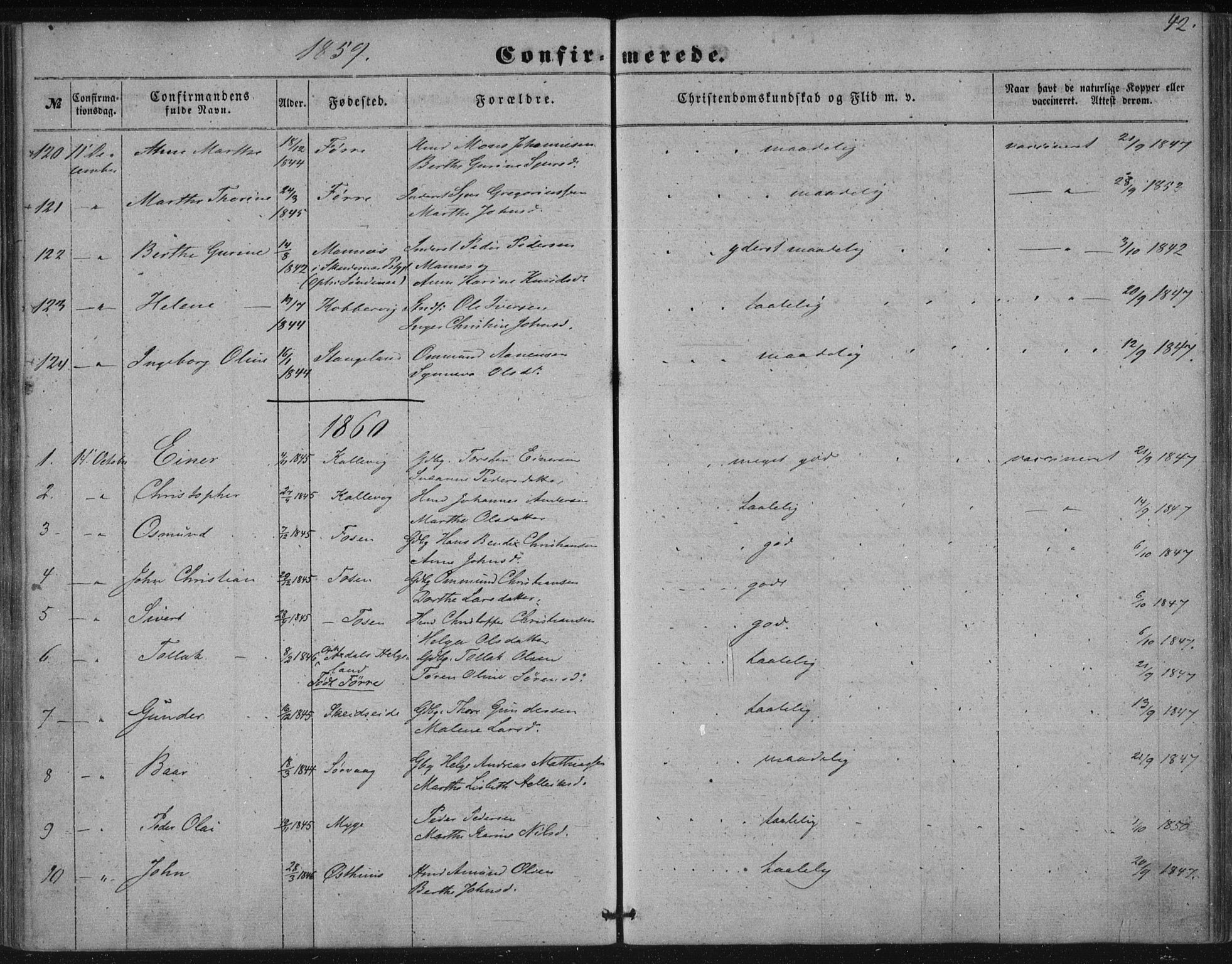 Avaldsnes sokneprestkontor, SAST/A -101851/H/Ha/Haa/L0009: Parish register (official) no. A 9, 1853-1865, p. 42
