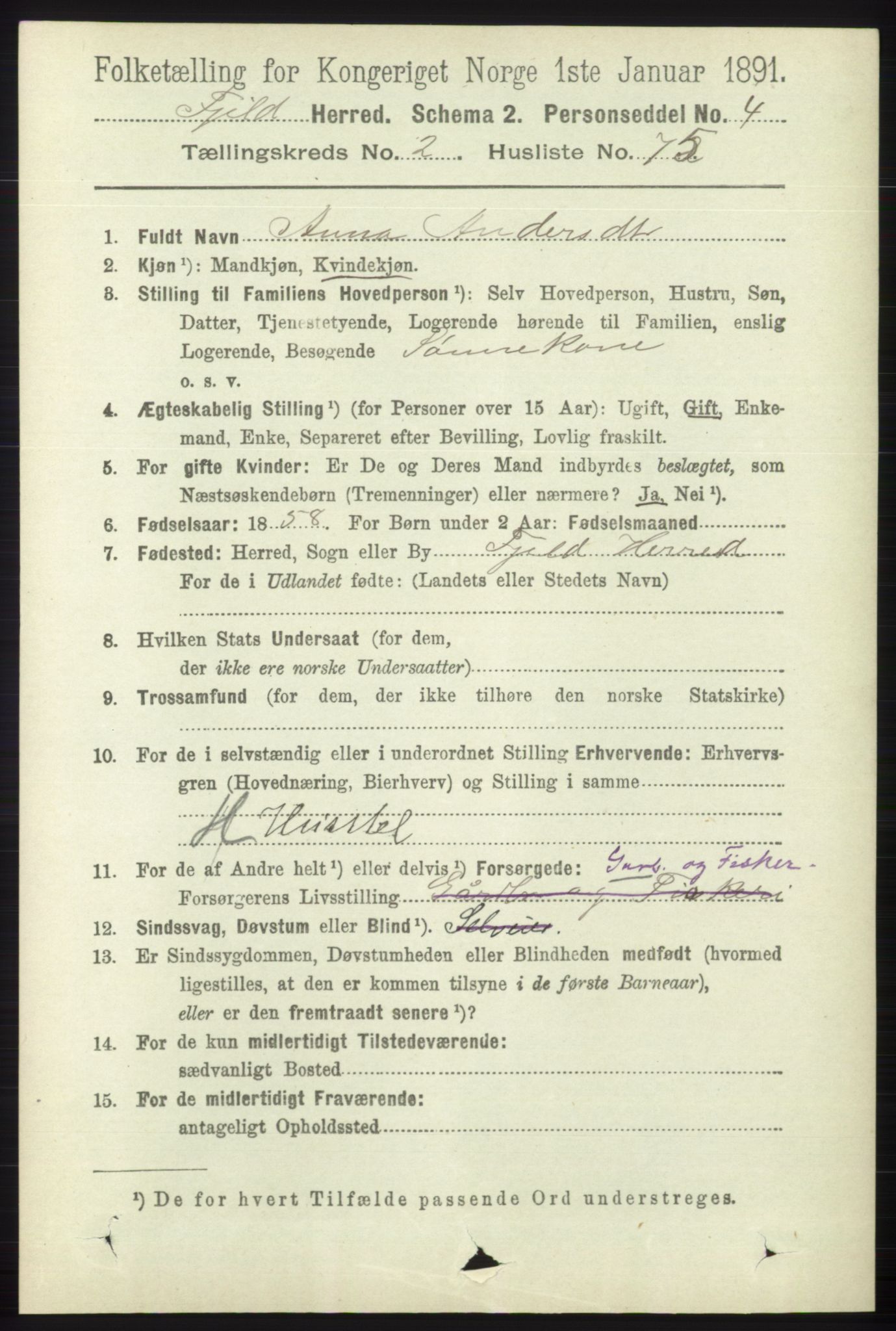 RA, 1891 census for 1246 Fjell, 1891, p. 1206