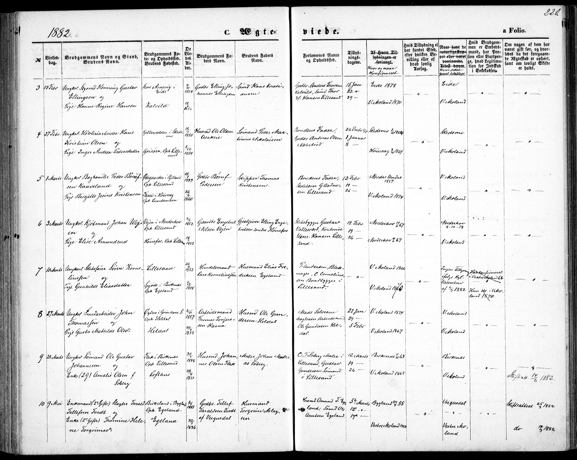 Vestre Moland sokneprestkontor, AV/SAK-1111-0046/F/Fb/Fbb/L0005: Parish register (copy) no. B 5, 1872-1883, p. 220