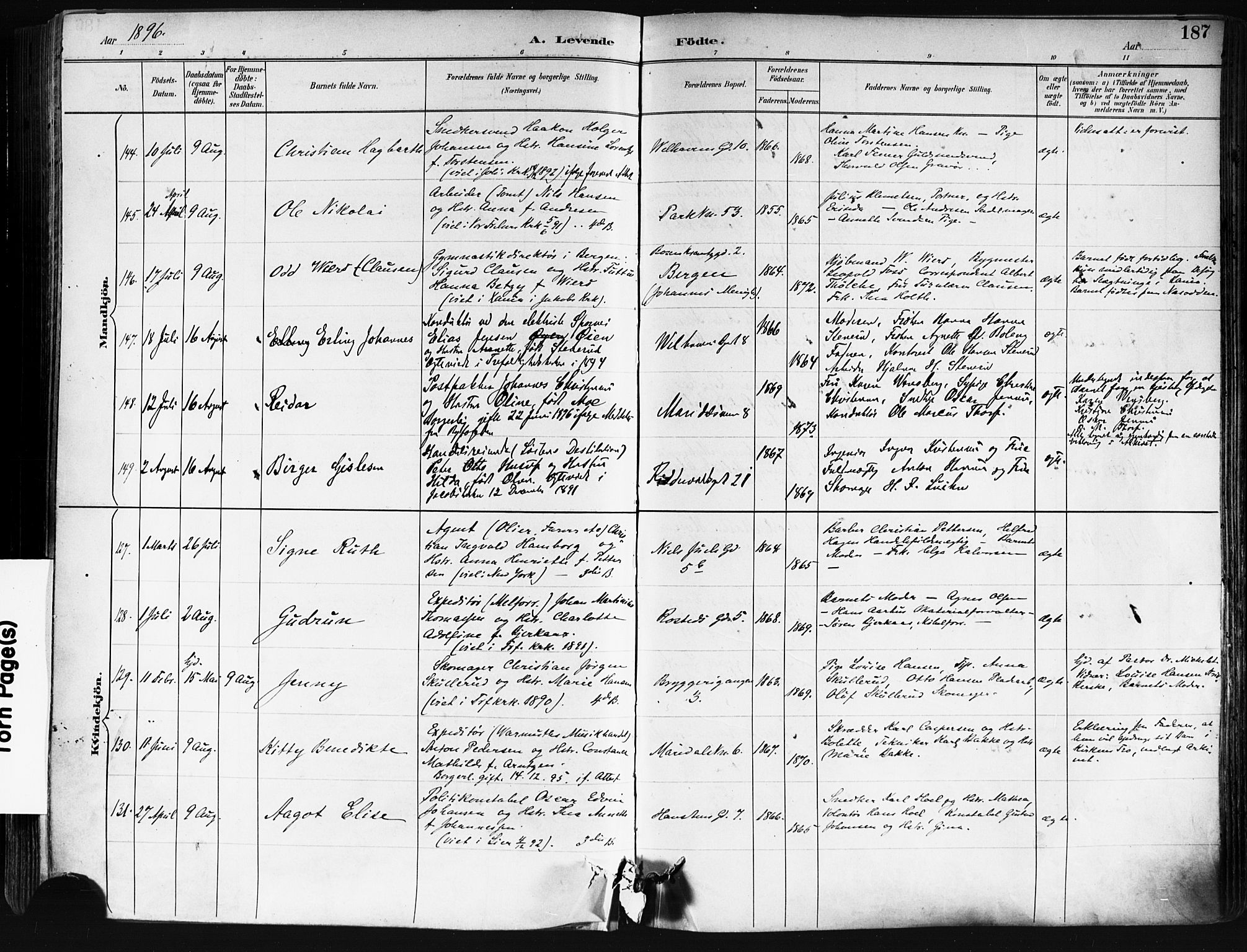 Trefoldighet prestekontor Kirkebøker, SAO/A-10882/F/Fa/L0006: Parish register (official) no. I 6, 1891-1899, p. 187