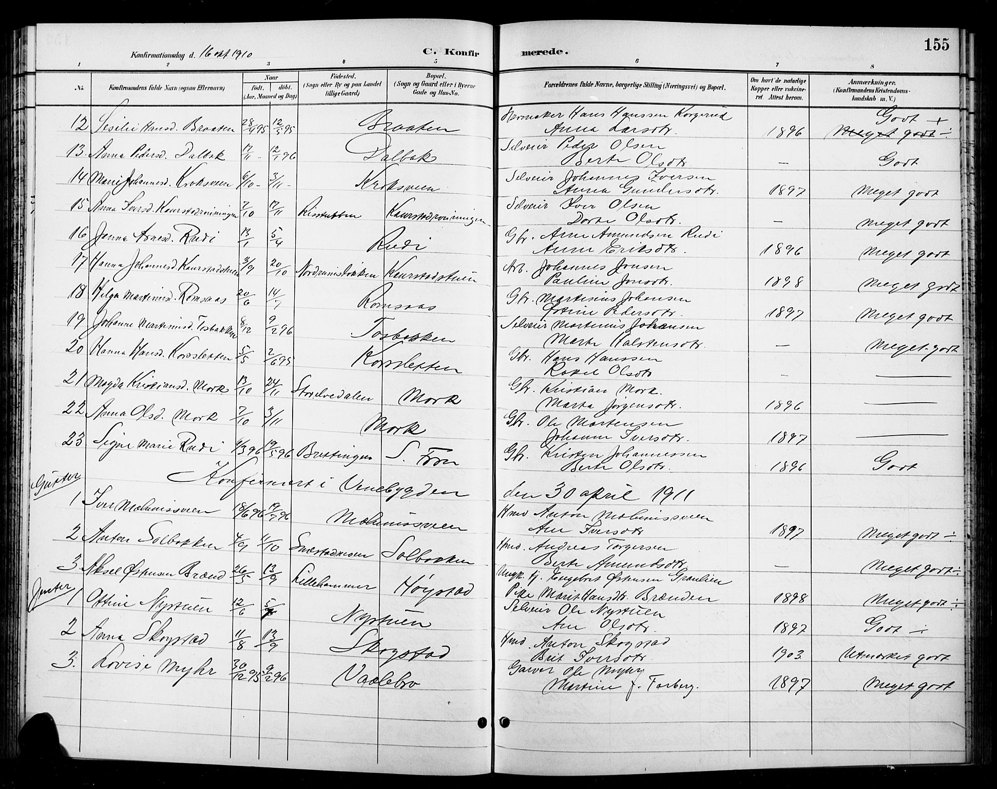 Ringebu prestekontor, SAH/PREST-082/H/Ha/Hab/L0009: Parish register (copy) no. 9, 1899-1921, p. 155
