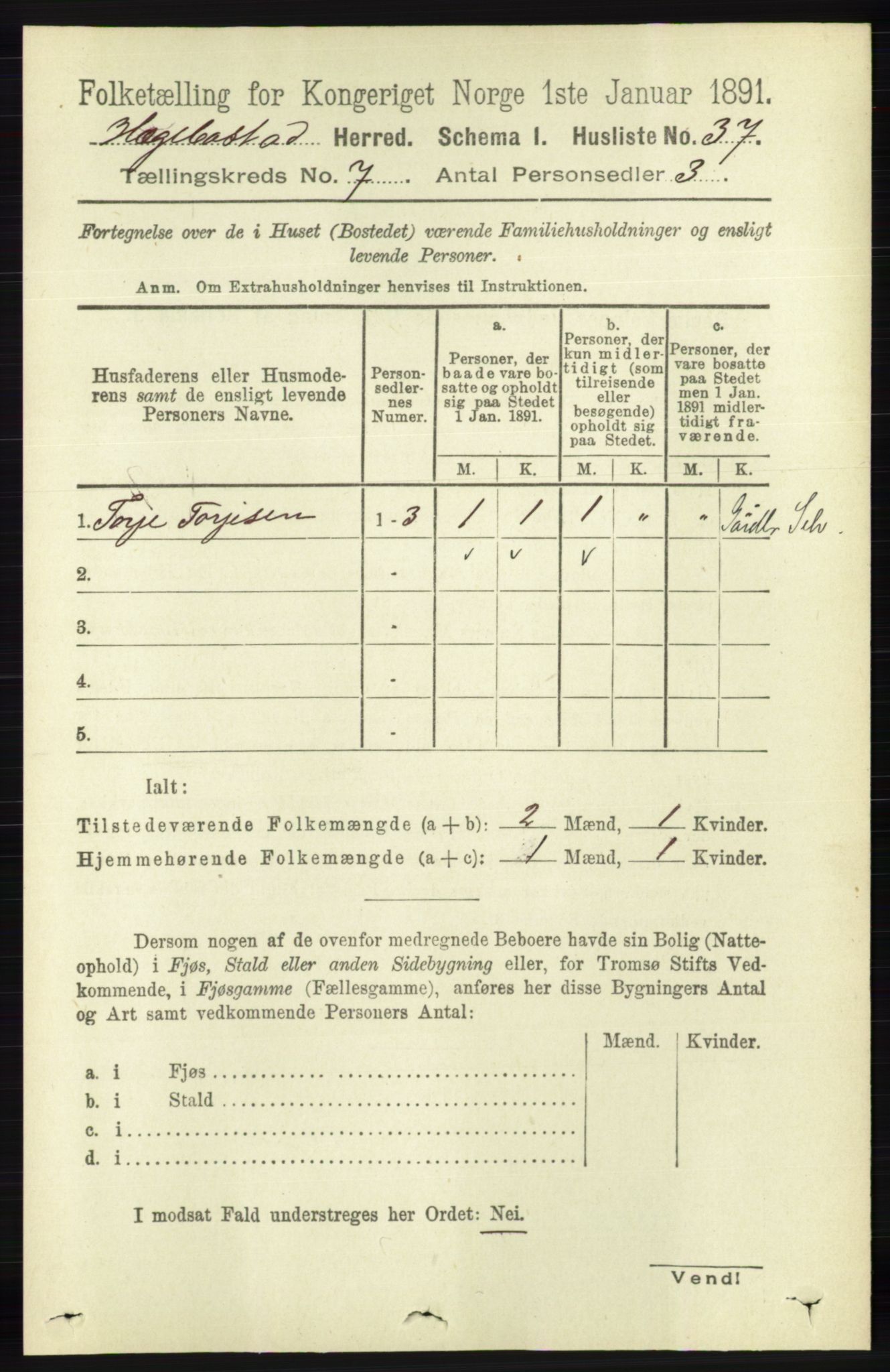 RA, 1891 census for 1034 Hægebostad, 1891, p. 2084