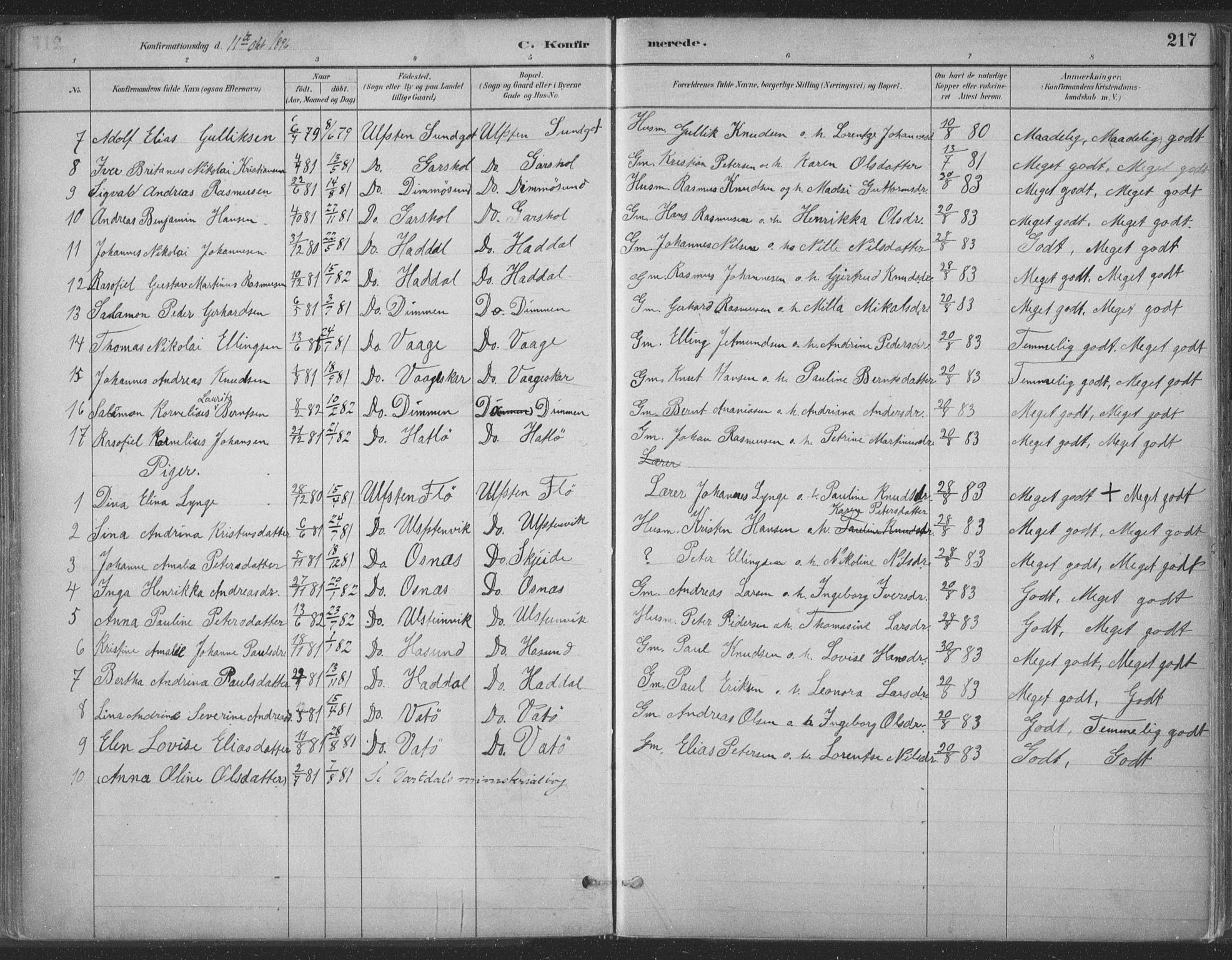 Ministerialprotokoller, klokkerbøker og fødselsregistre - Møre og Romsdal, SAT/A-1454/509/L0106: Parish register (official) no. 509A04, 1883-1922, p. 217