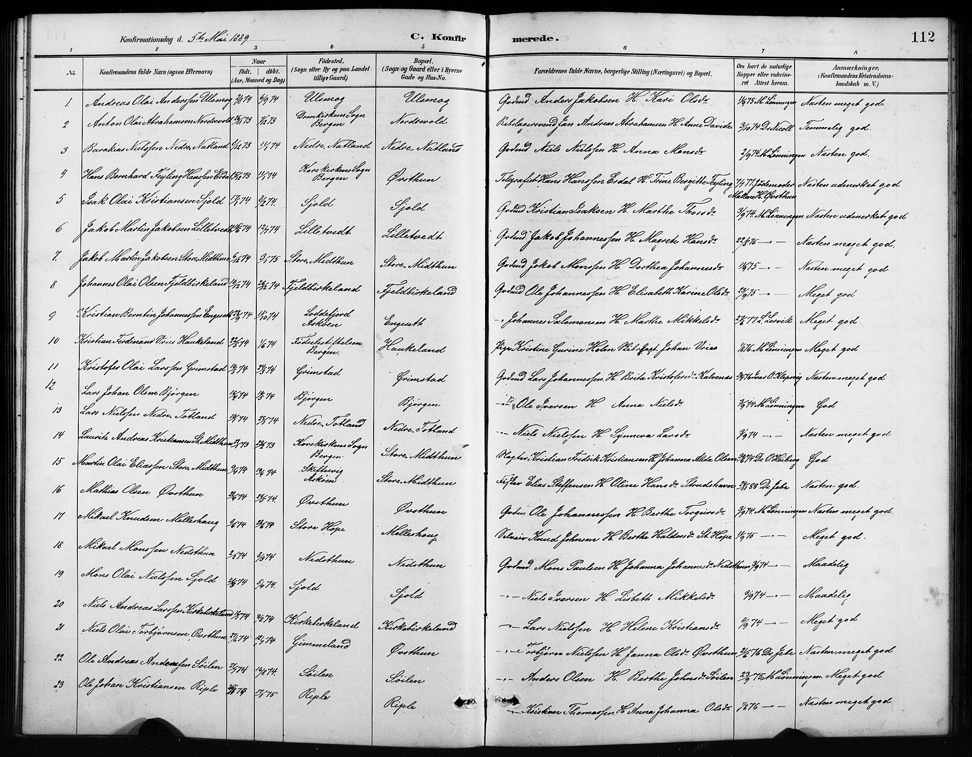 Birkeland Sokneprestembete, SAB/A-74601/H/Hab: Parish register (copy) no. A 4, 1888-1897, p. 112
