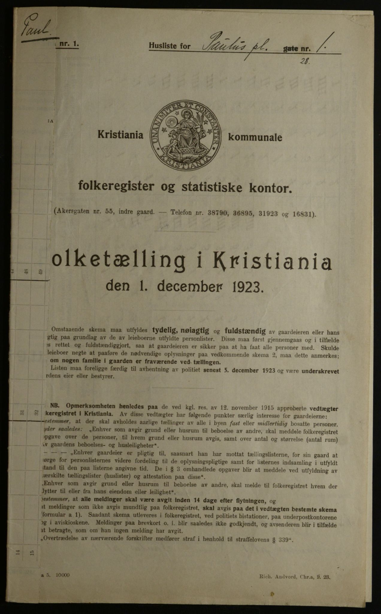 OBA, Municipal Census 1923 for Kristiania, 1923, p. 86581