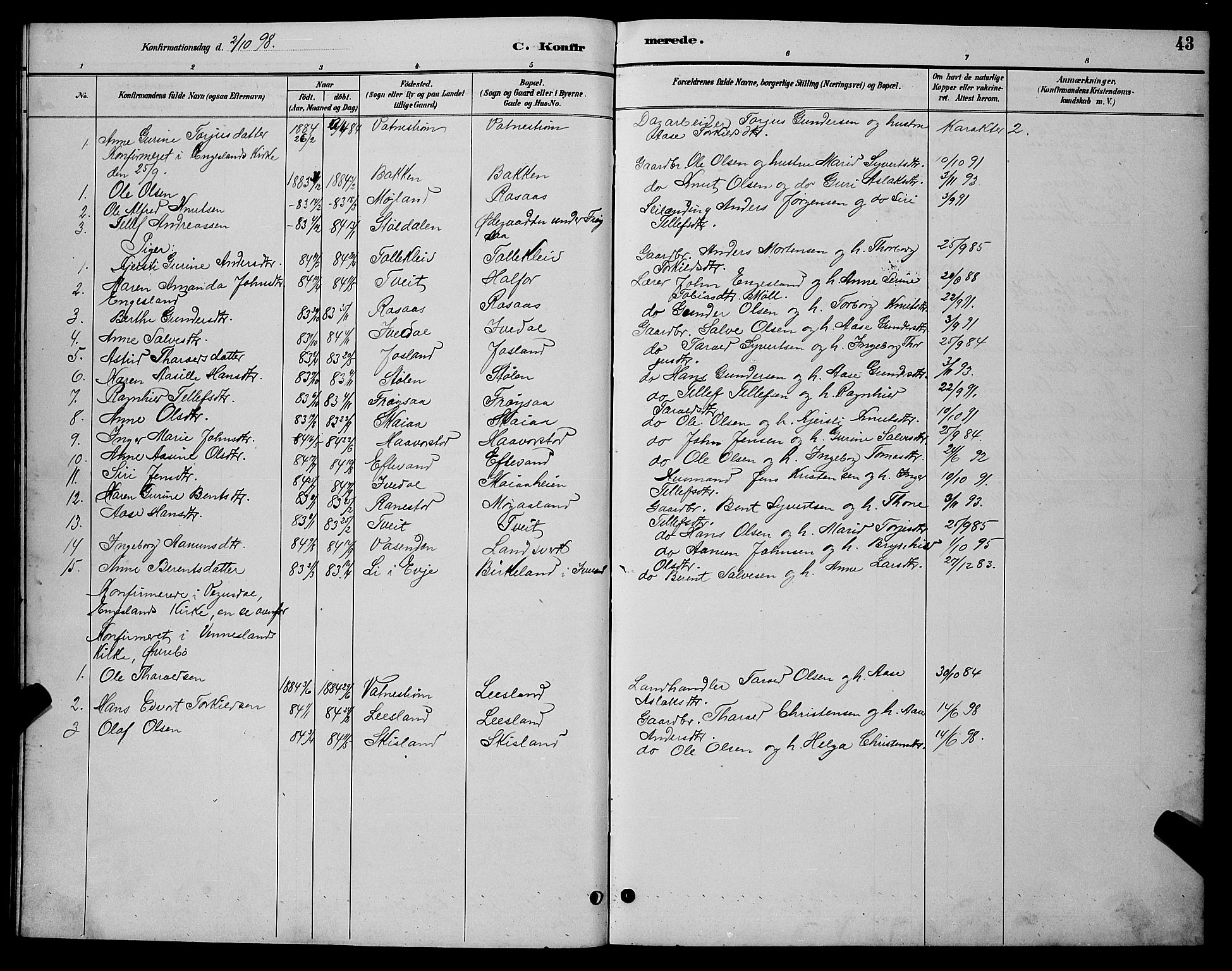 Evje sokneprestkontor, AV/SAK-1111-0008/F/Fb/Fbc/L0004: Parish register (copy) no. B 4, 1890-1900, p. 43