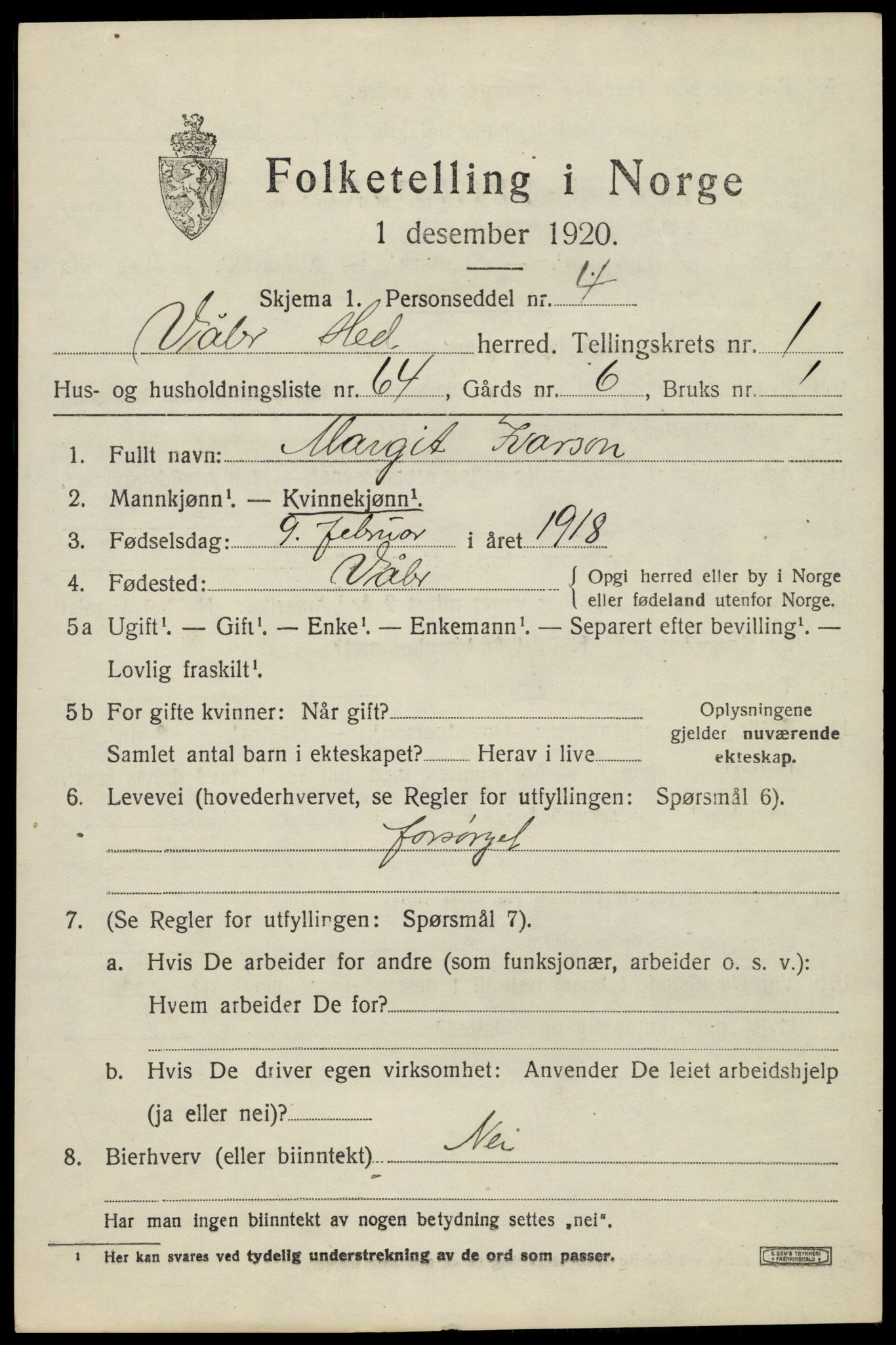 SAH, 1920 census for Våler (Hedmark), 1920, p. 2439