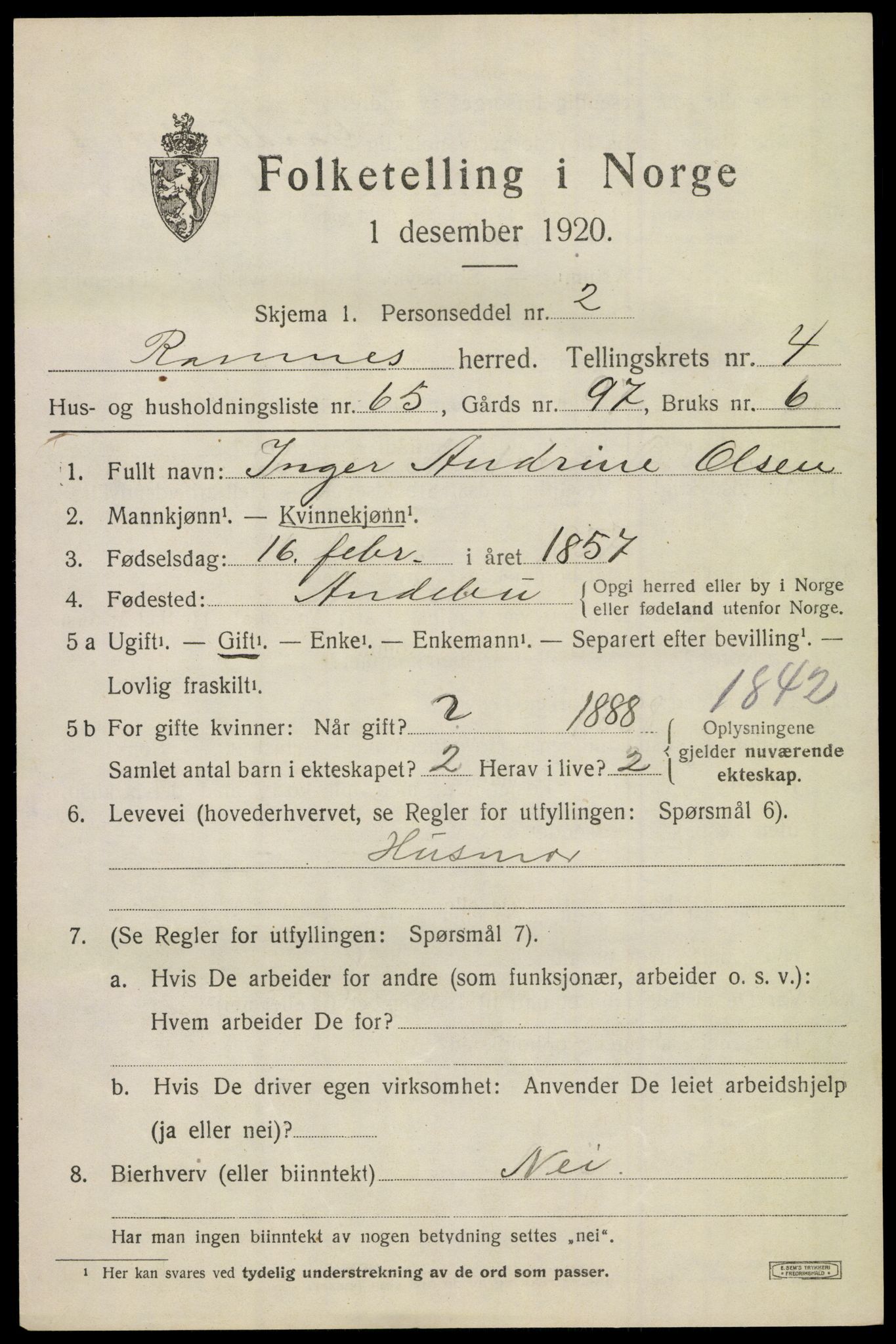 SAKO, 1920 census for Ramnes, 1920, p. 4968