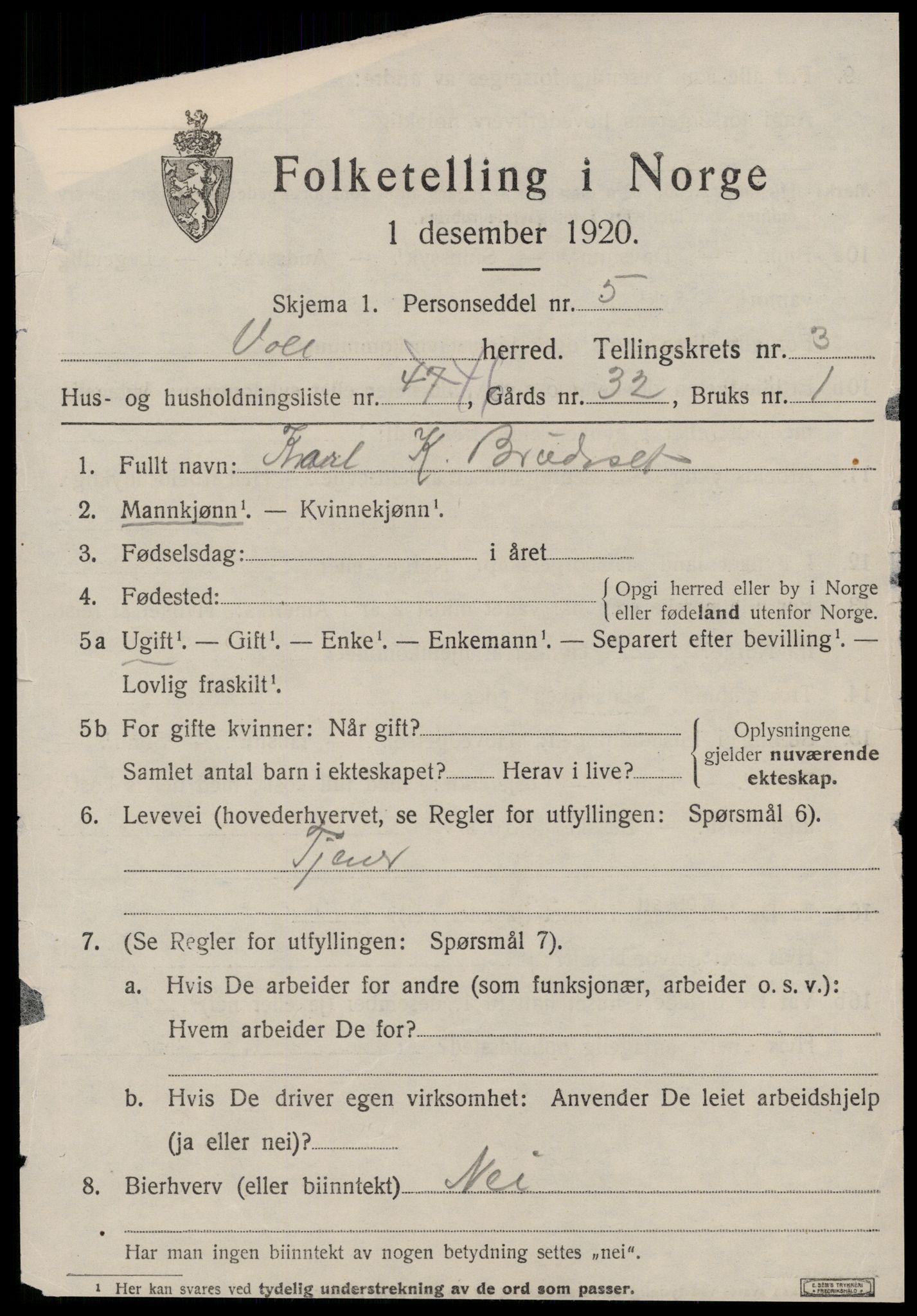 SAT, 1920 census for Voll, 1920, p. 1855