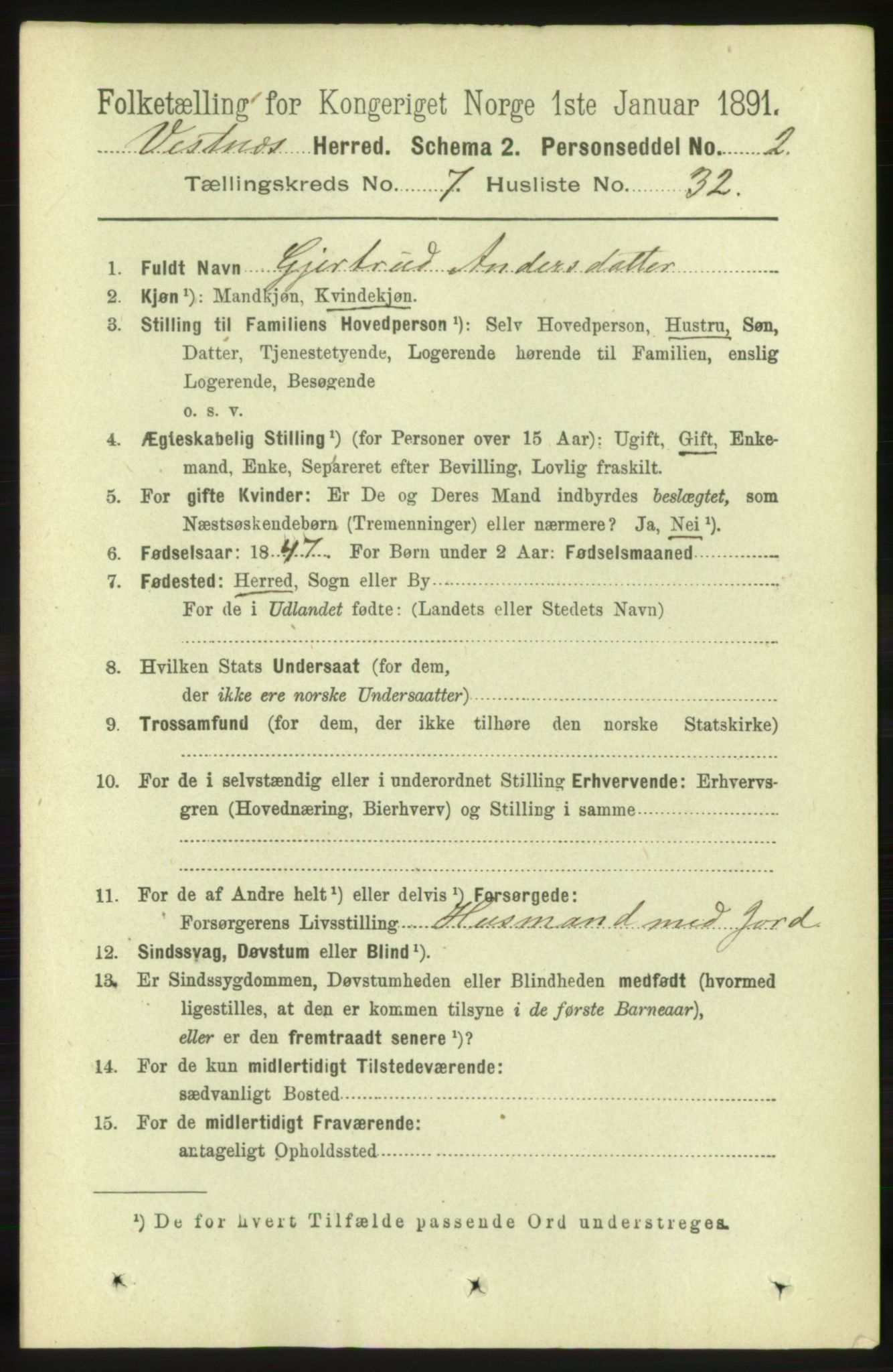 RA, 1891 census for 1535 Vestnes, 1891, p. 2898