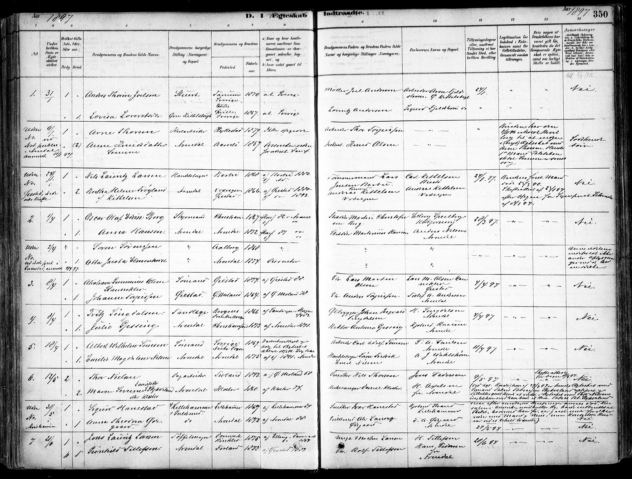 Arendal sokneprestkontor, Trefoldighet, SAK/1111-0040/F/Fa/L0008: Parish register (official) no. A 8, 1878-1899, p. 350