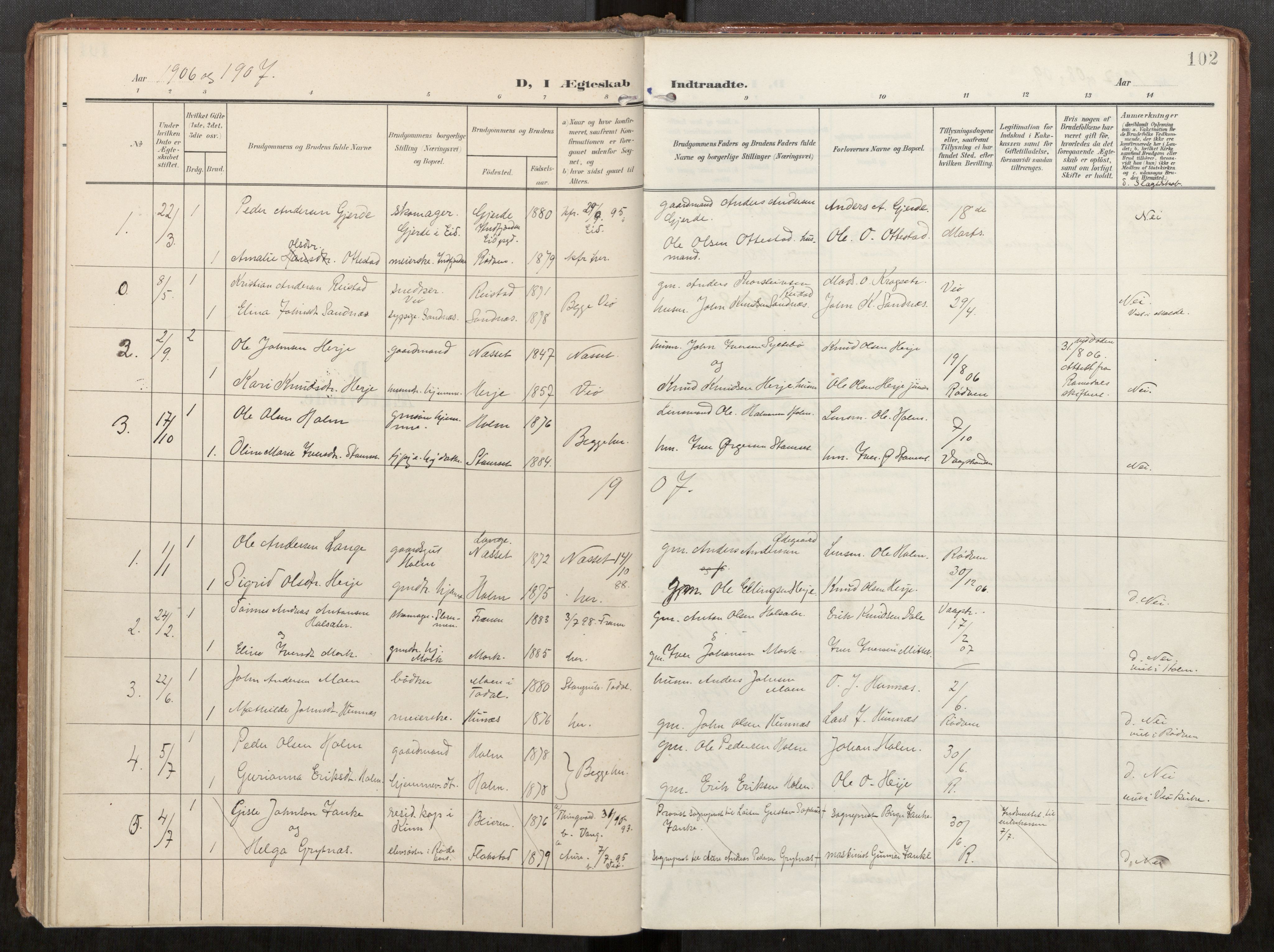 Ministerialprotokoller, klokkerbøker og fødselsregistre - Møre og Romsdal, SAT/A-1454/549/L0618: Parish register (official) no. 549A01, 1906-1927, p. 102