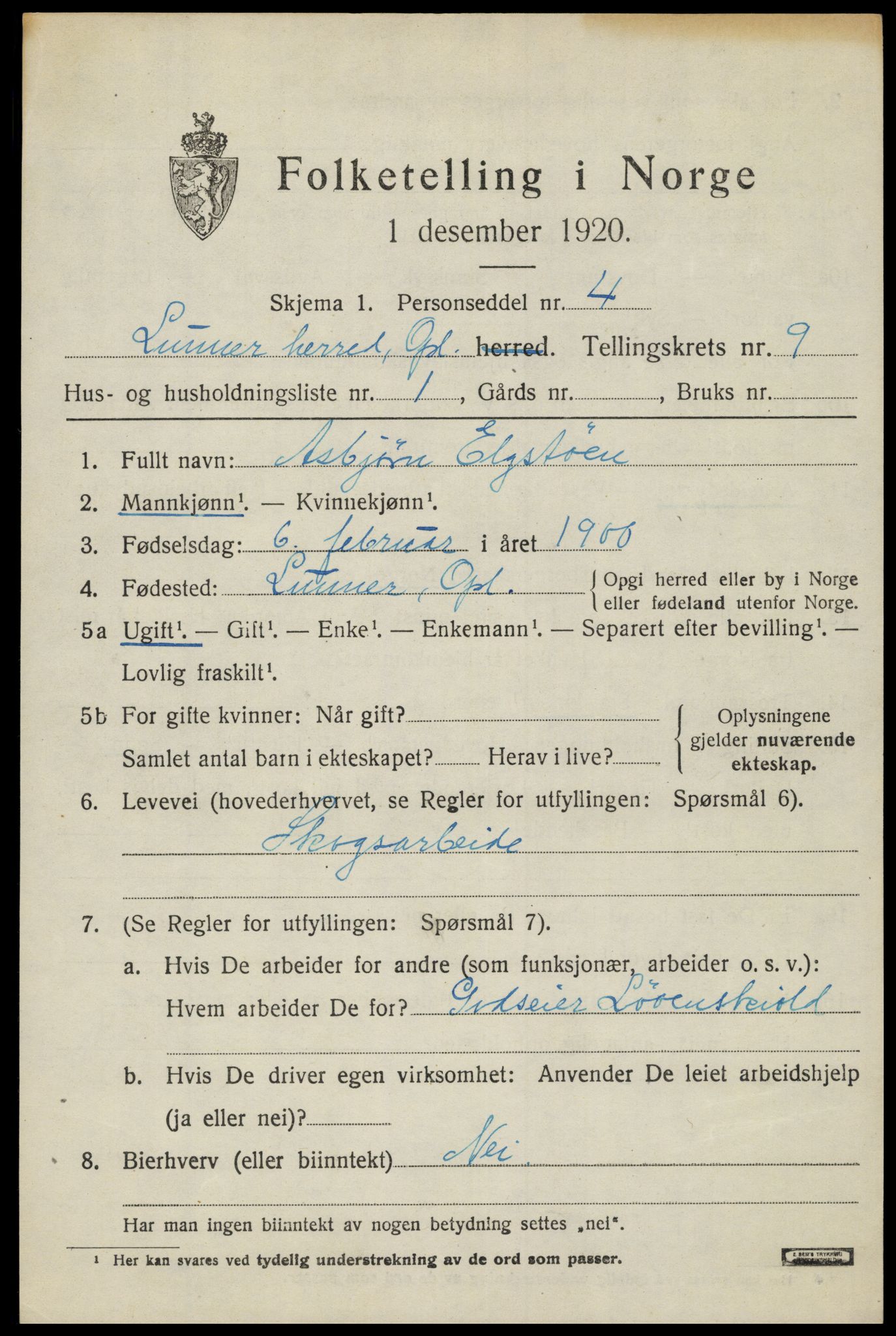 SAH, 1920 census for Lunner, 1920, p. 10347