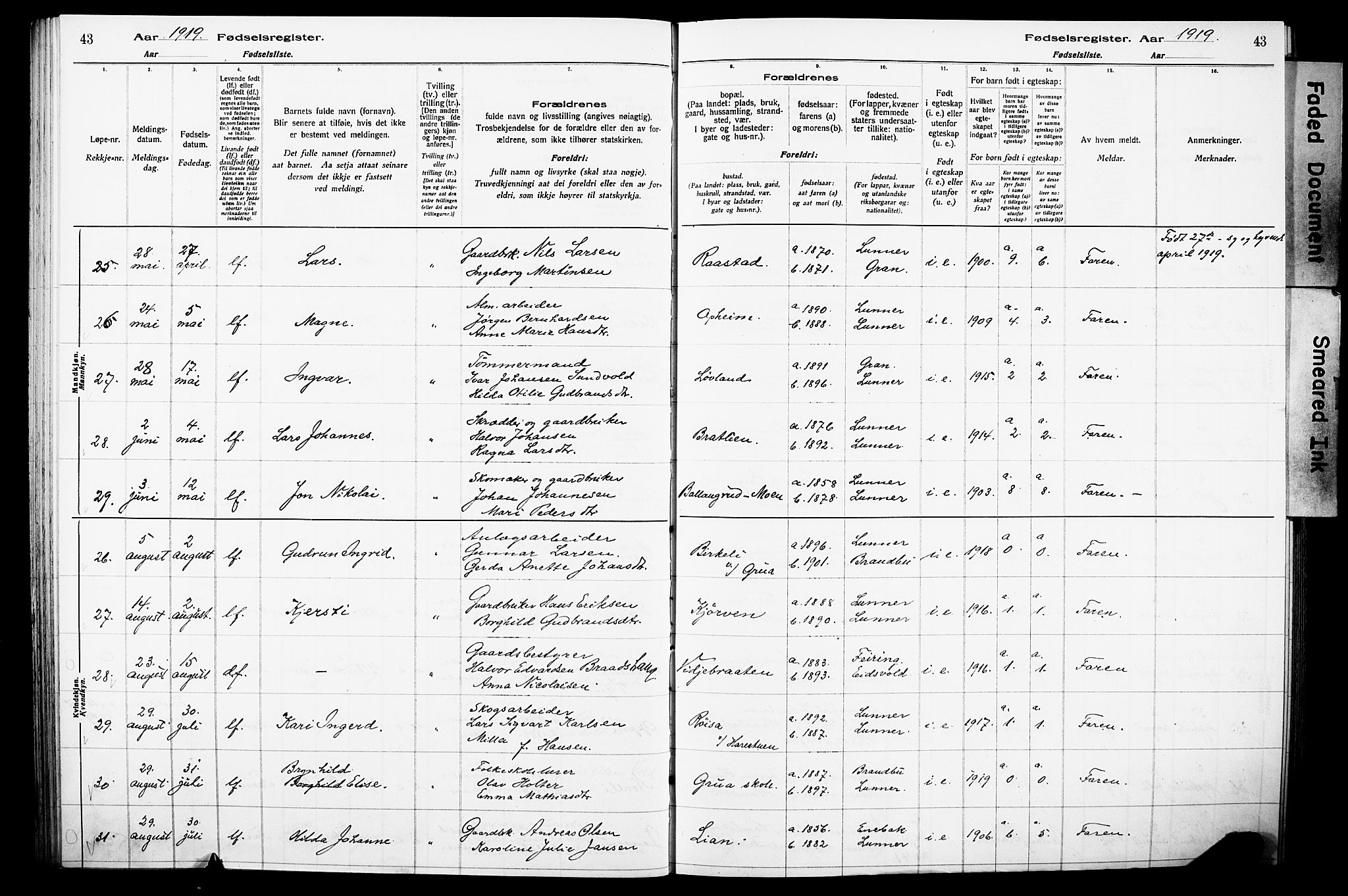 Lunner prestekontor, AV/SAH-PREST-118/I/Id/L0001: Birth register no. 1, 1916-1932, p. 43