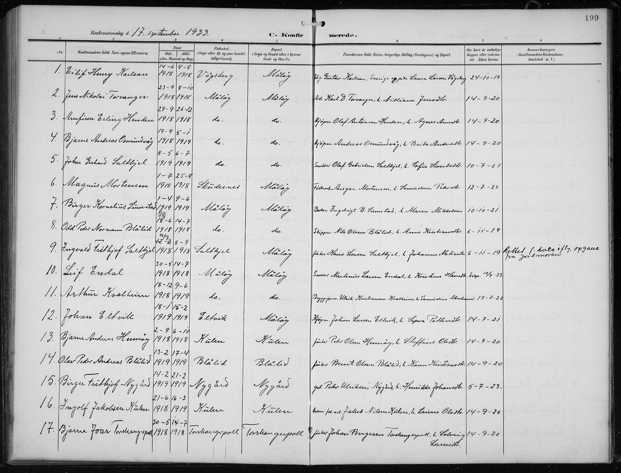 Vågsøy sokneprestembete, AV/SAB-A-81601/H/Hab: Parish register (copy) no. B 1, 1906-1934, p. 199