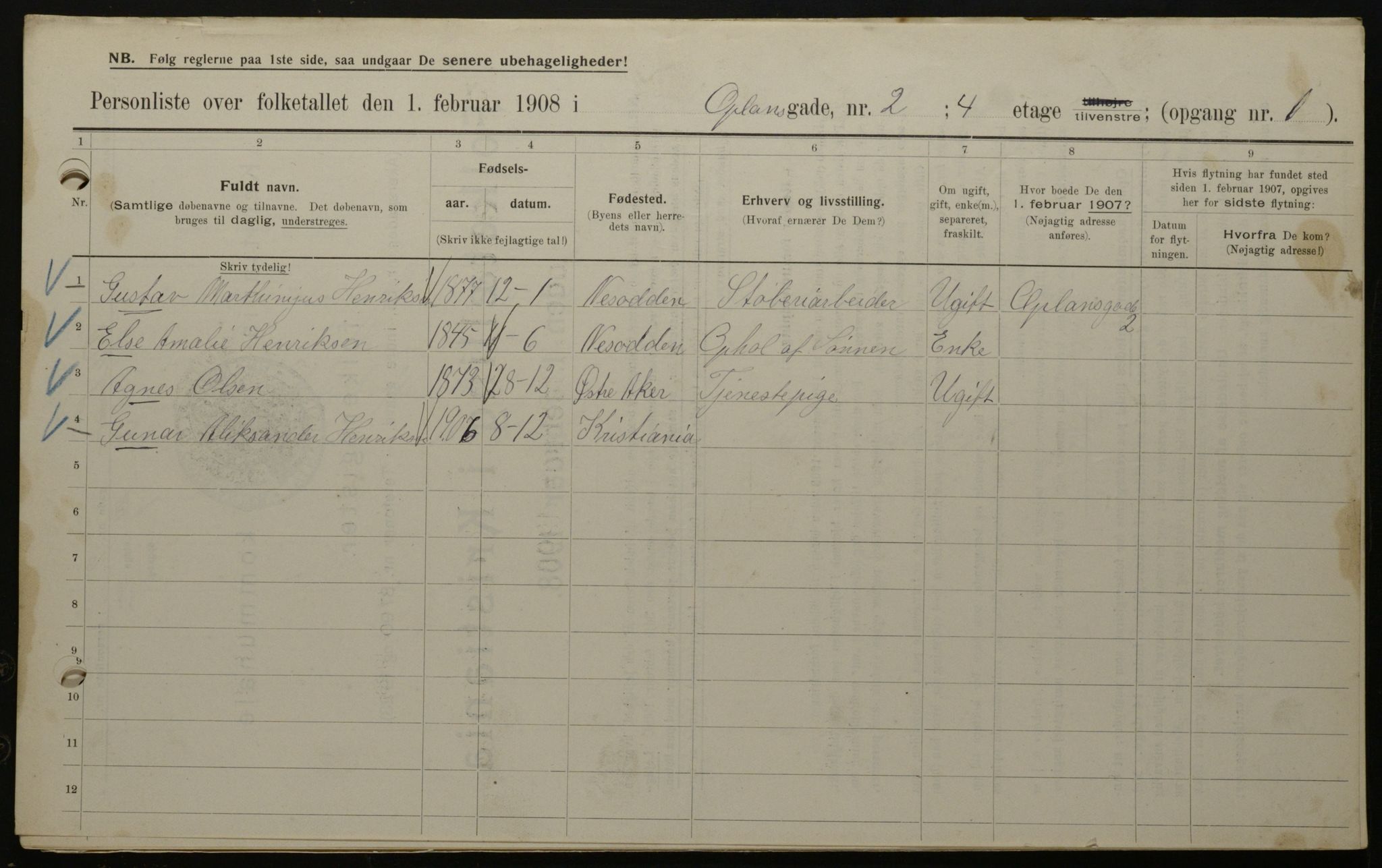 OBA, Municipal Census 1908 for Kristiania, 1908, p. 67874