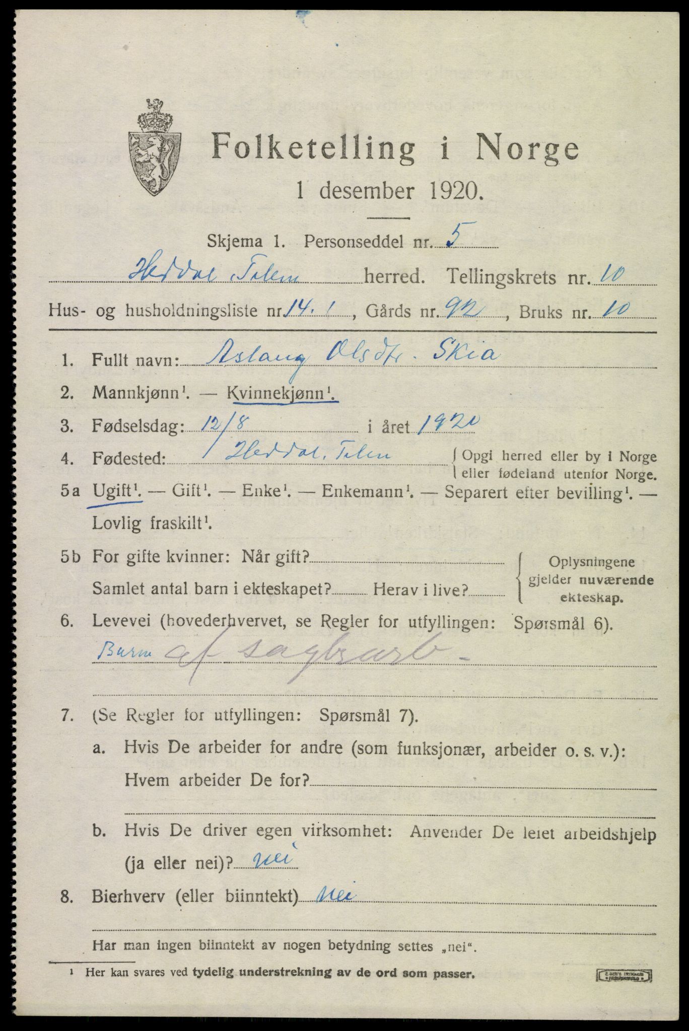 SAKO, 1920 census for Heddal, 1920, p. 7192