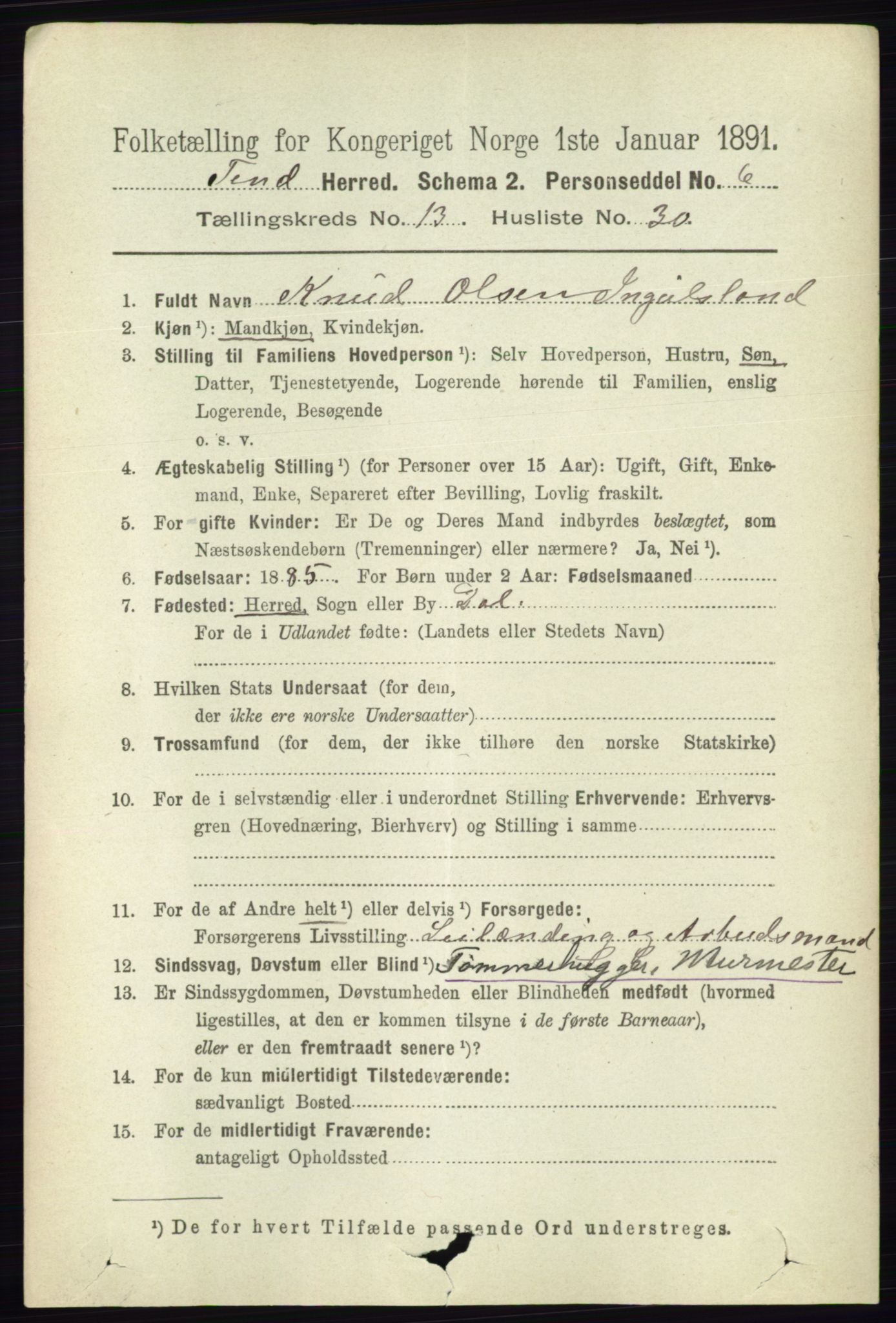 RA, 1891 census for 0826 Tinn, 1891, p. 2822